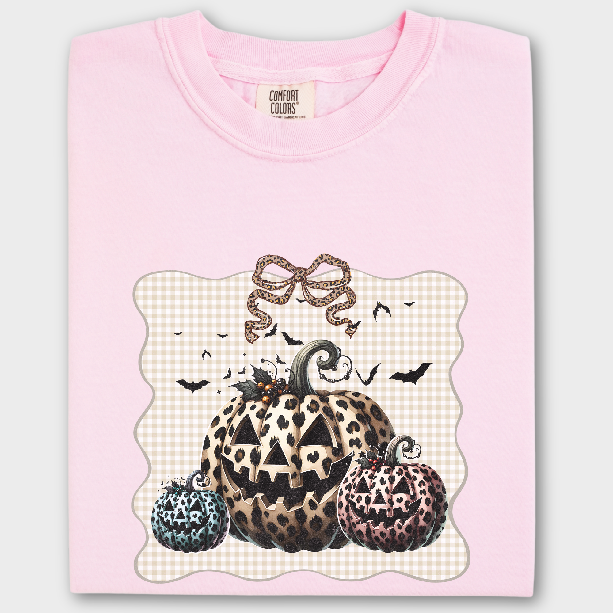Western Preppy Leopard Print Jack-O-Lanterns Cat Bow Comfort Colors T-Shirt in Blossom