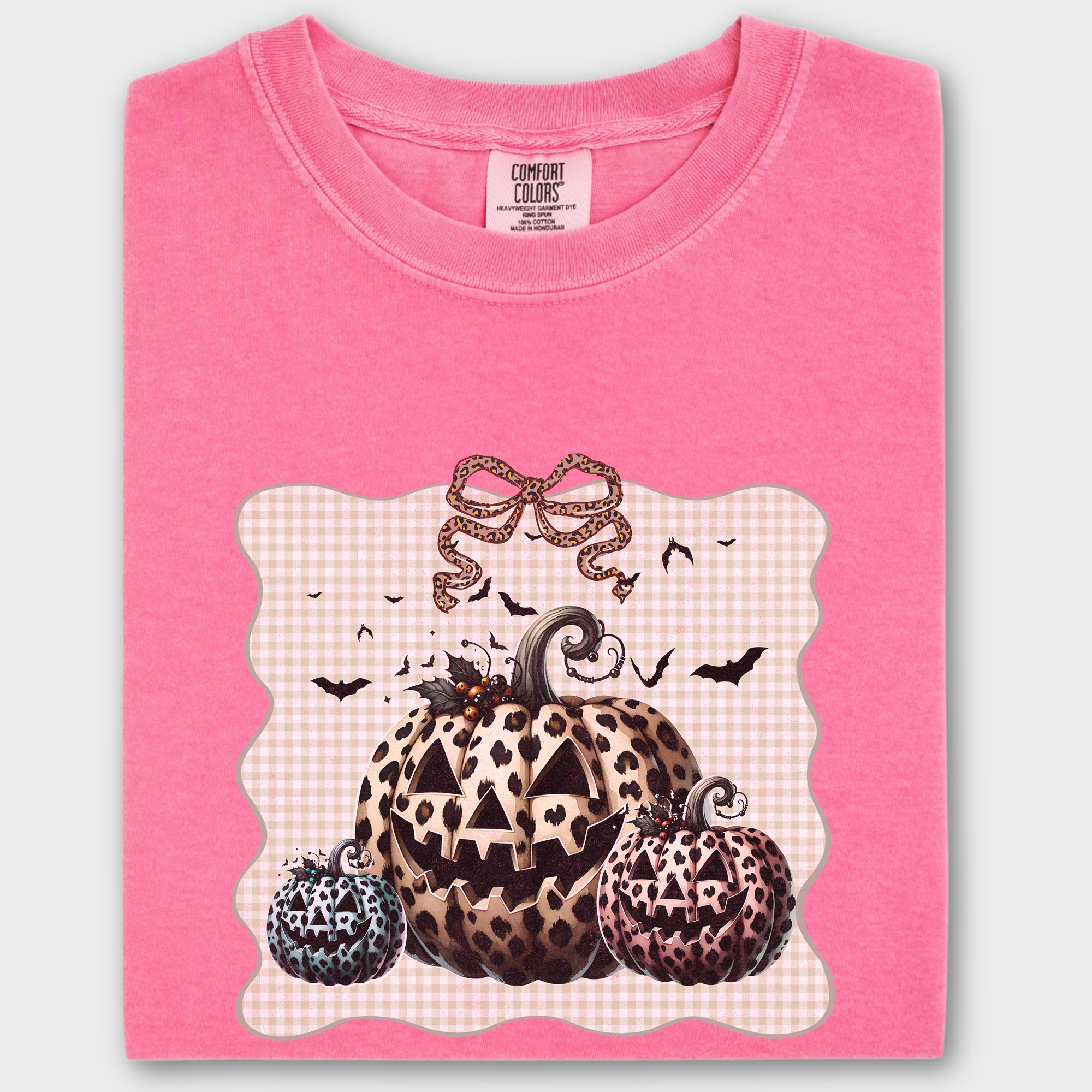 Western Preppy Leopard Print Jack-O-Lanterns Cat Bow Comfort Colors T-Shirt in Crunchberry