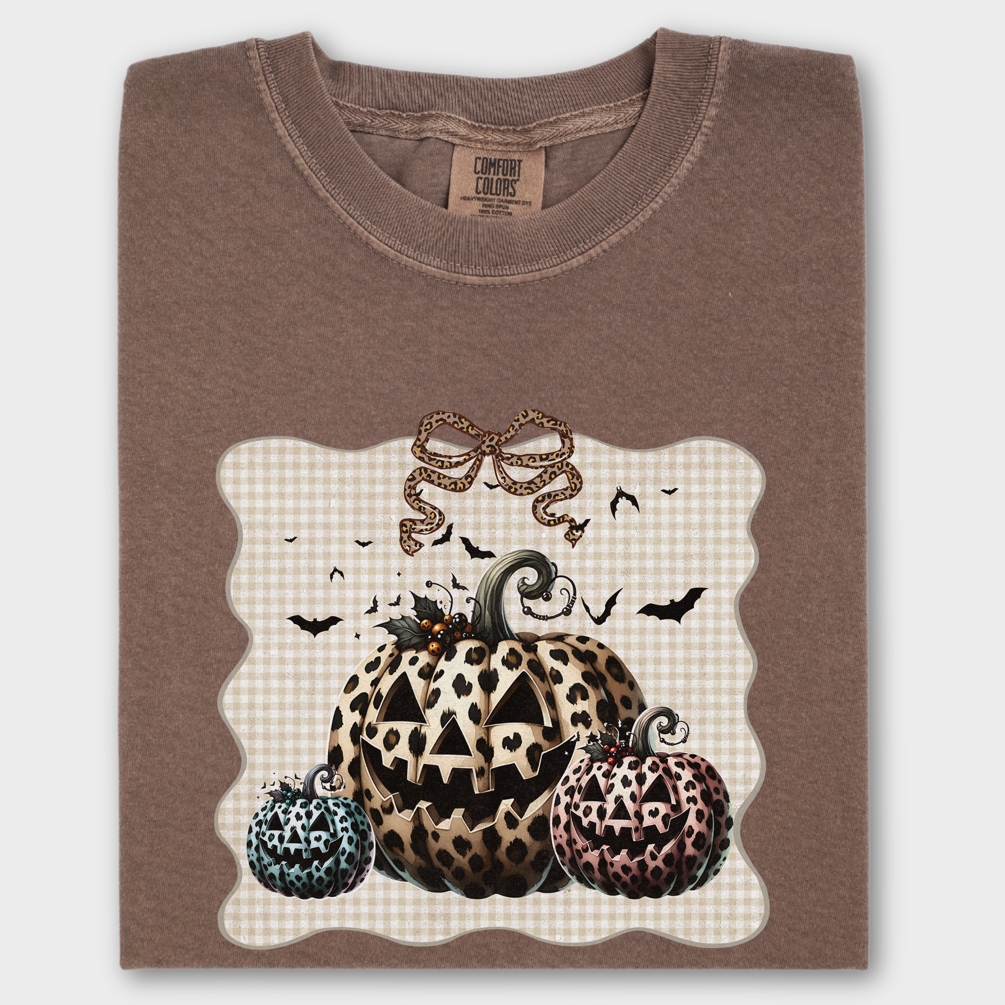 Western Preppy Leopard Print Jack-O-Lanterns Cat Bow Comfort Colors T-Shirt in Espresso