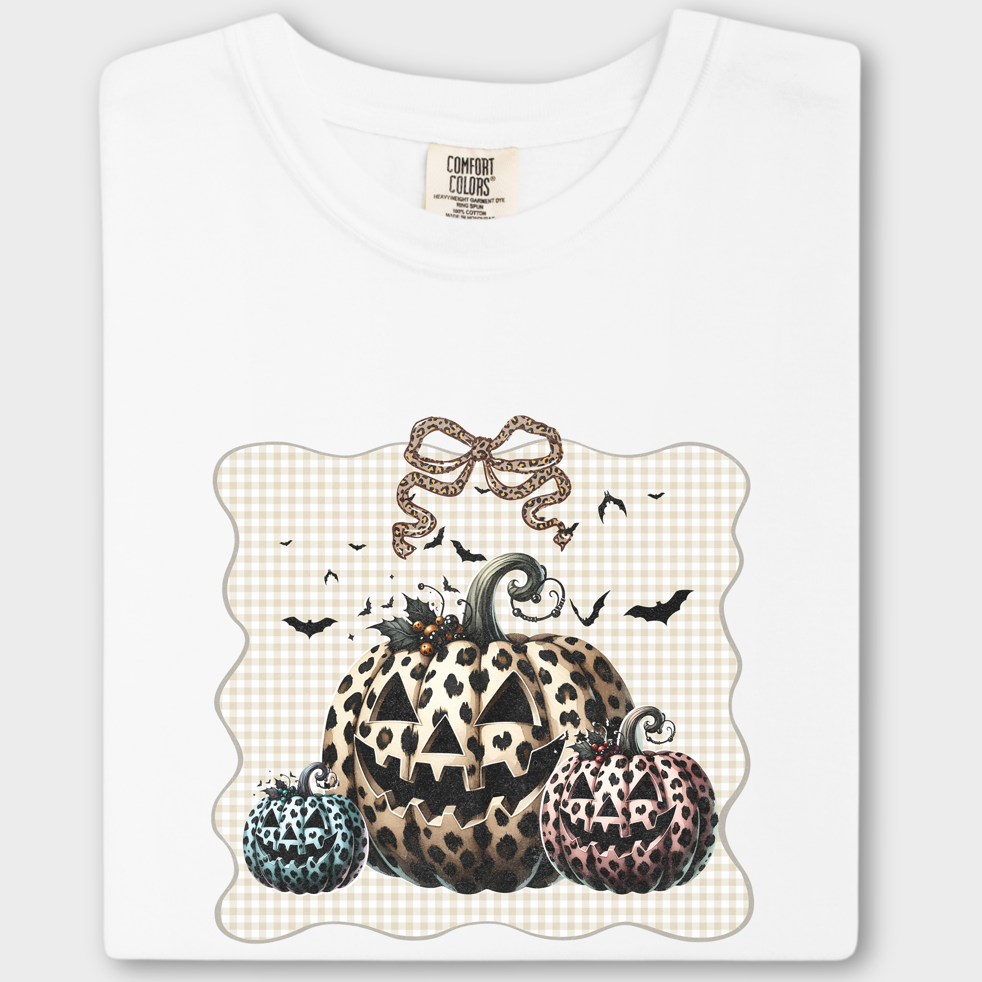 Western Preppy Leopard Print Jack-O-Lanterns Cat Bow Comfort Colors T-Shirt in White