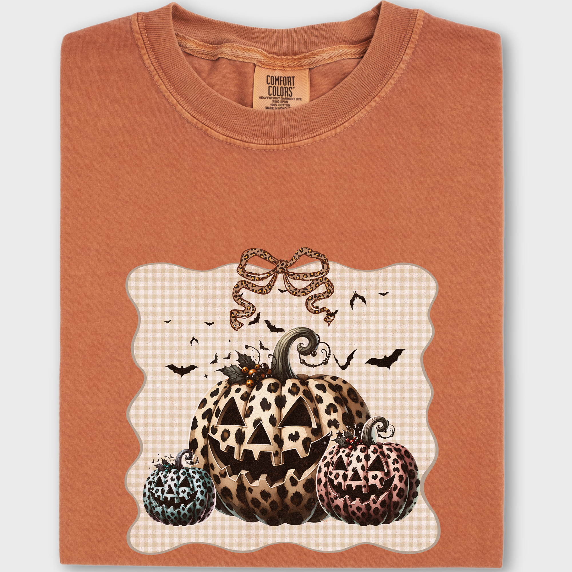 Western Preppy Leopard Print Jack-O-Lanterns Cat Bow Comfort Colors T-Shirt in Yam