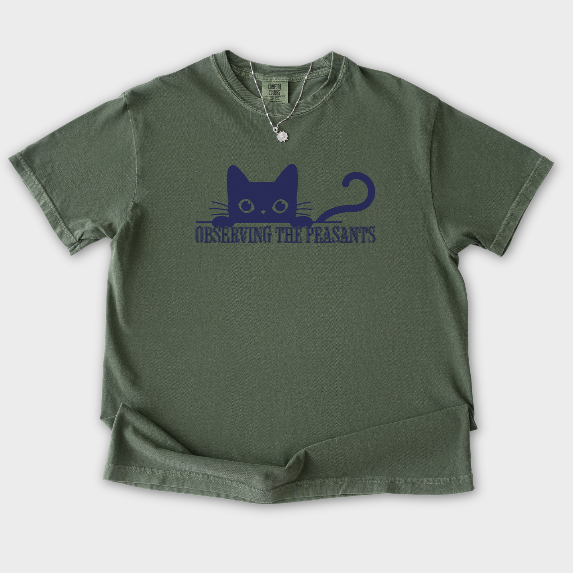 Minimalist Observing the Peasants Cat Graphic Comfort Colors T-Shirt in Moss-T-Shirt-Moss-S-Fetch N Found