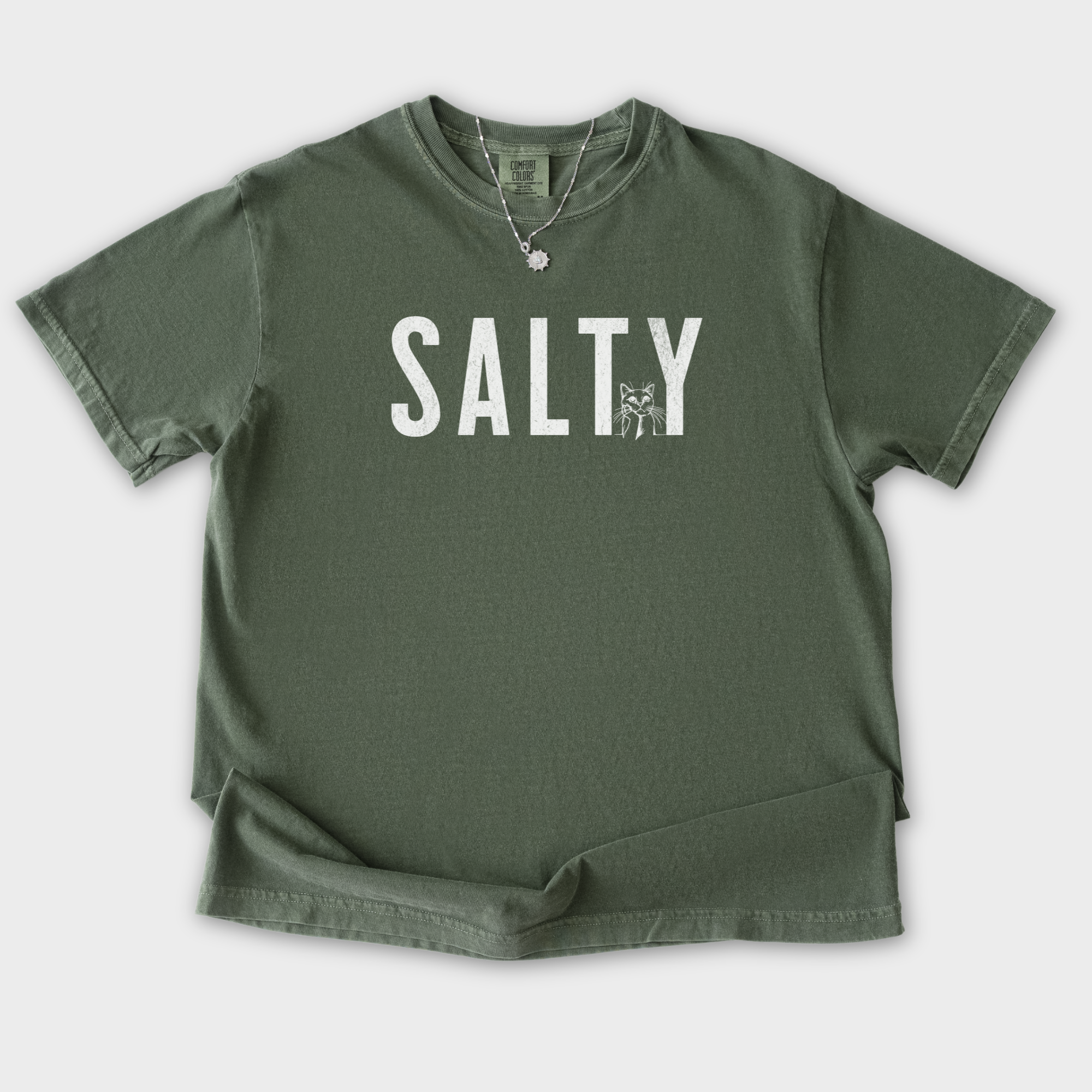 Retro Salty Minimalist Cat Text Comfort Colors T-Shirt in Moss