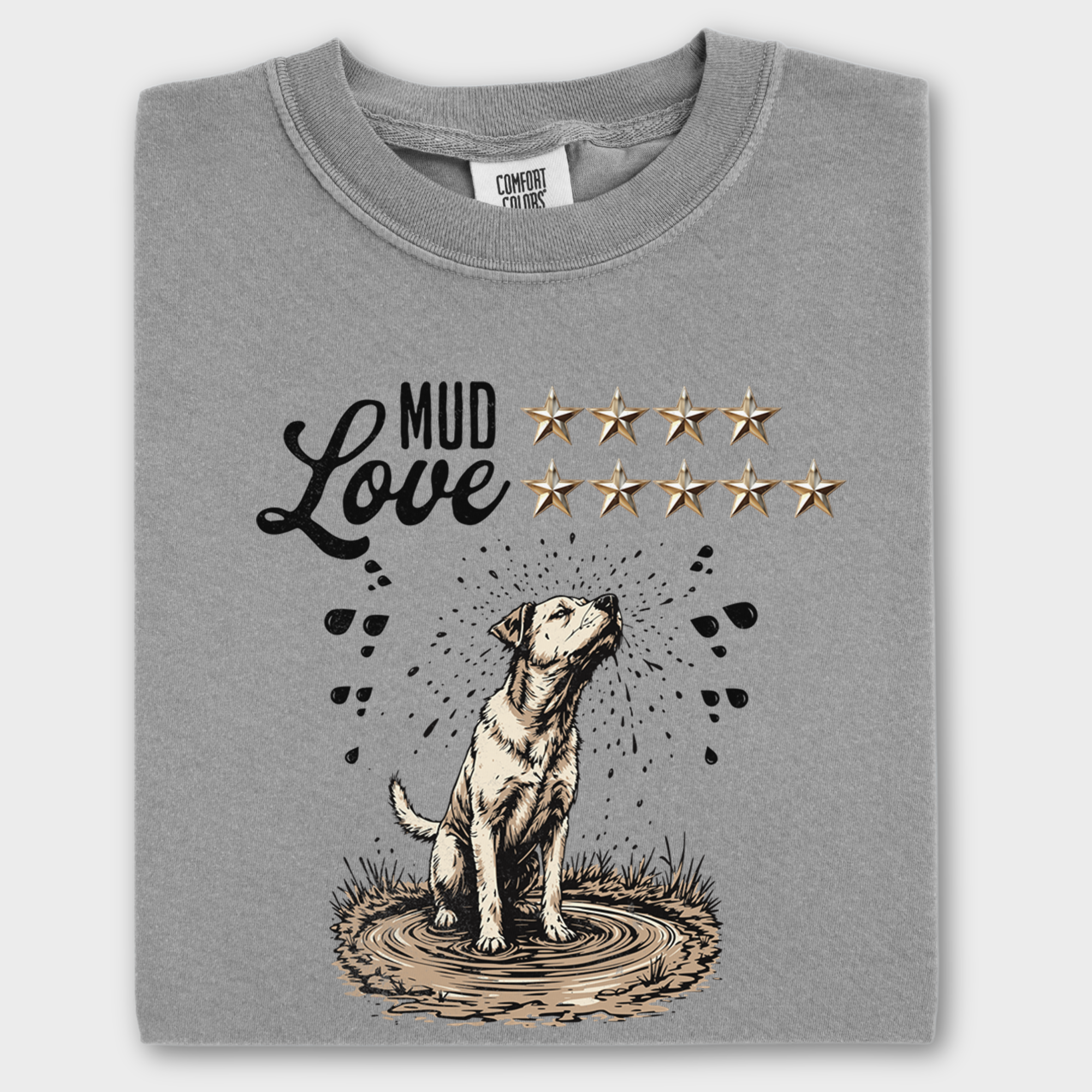 Vintage Cute Dog Line Art Mud Love 5 Stars T-Shirt in Gray-Fetch N Found