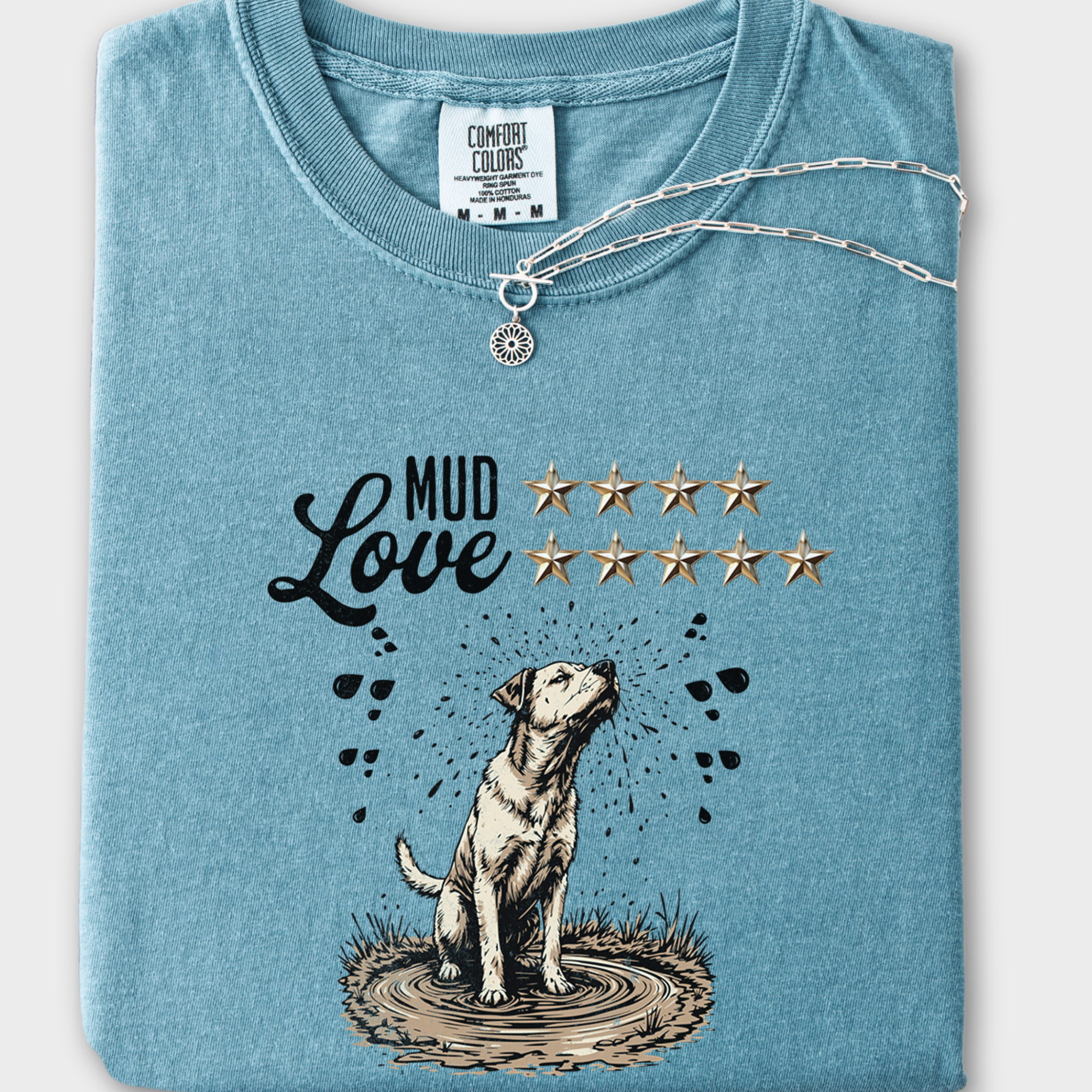 Vintage Cute Dog Line Art Mud Love 5 Stars T-Shirt in Ice Blue-Fetch N Found