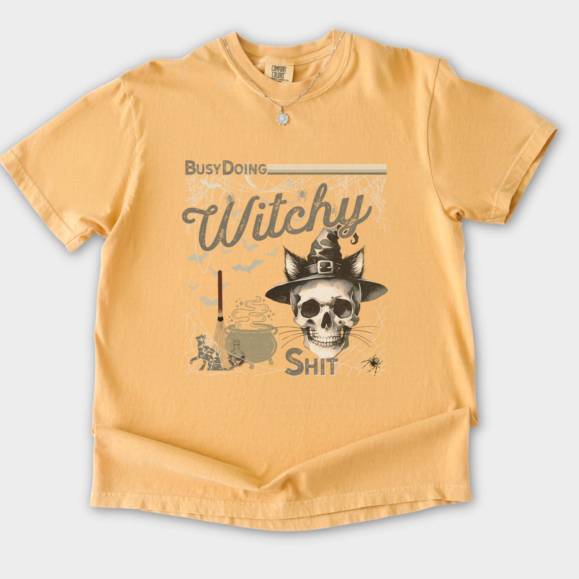 Retro Busy Being a Witch Y2K Halloween Cat Skeleton Comfort Colors T-Shirt in Mustard-T-Shirt-Mustard-S-Fetch N Found