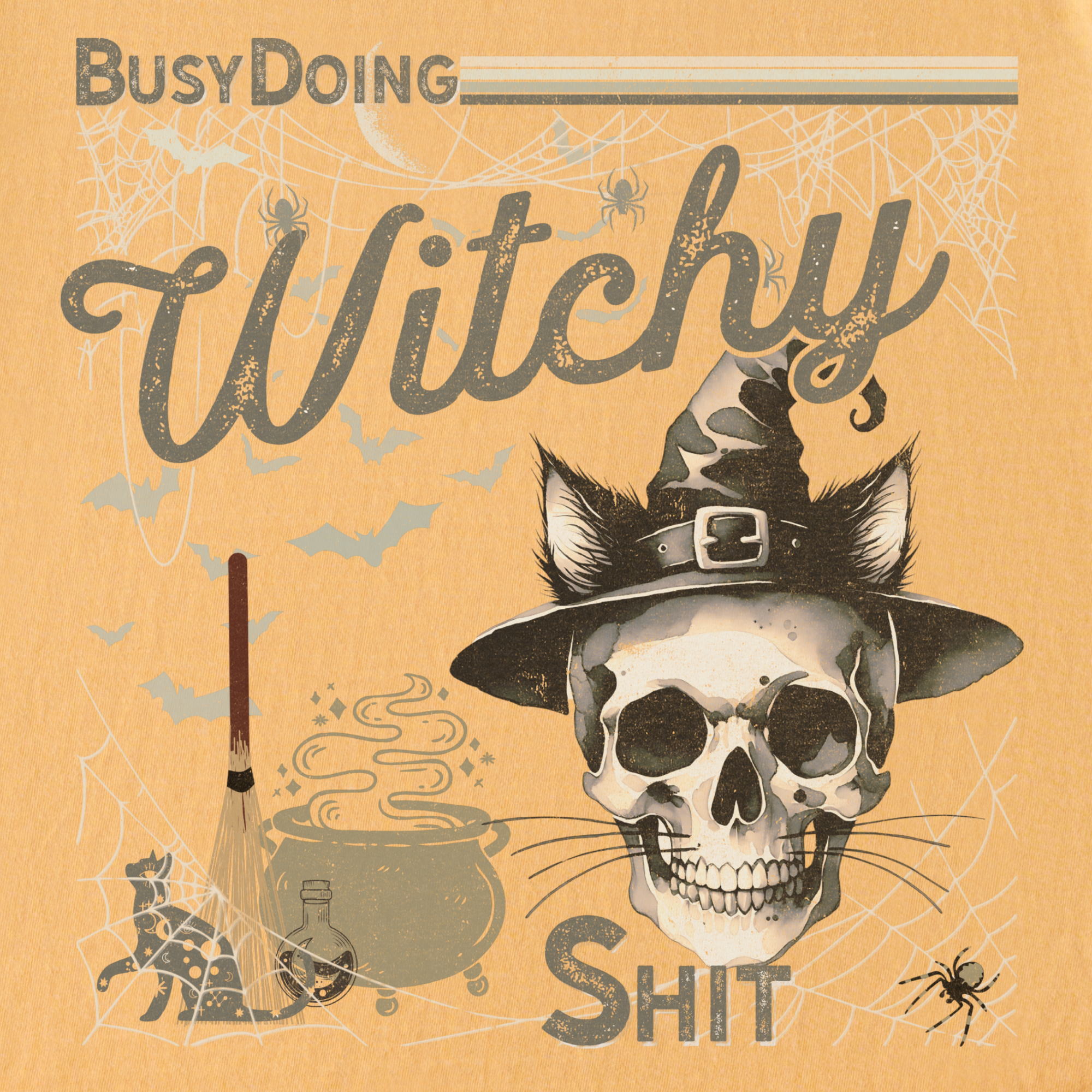 Retro Busy Being a Witch Y2K Halloween Cat Skeleton Comfort Colors T-Shirt in Mustard-T-Shirt-Fetch N Found