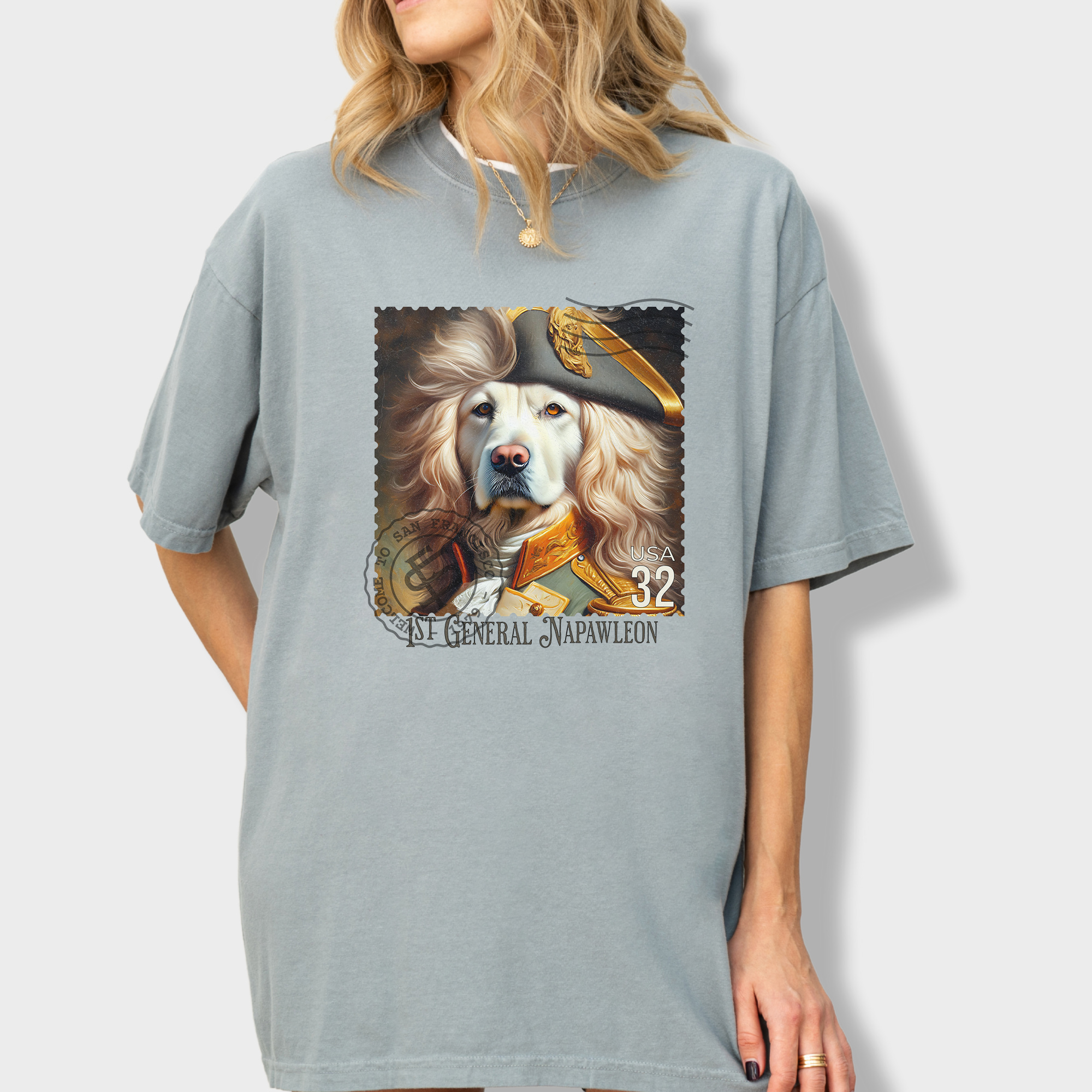 Custom Dog Graphic T-Shirt in Granite Featuring Unique Labrador Vintage Stamp Design