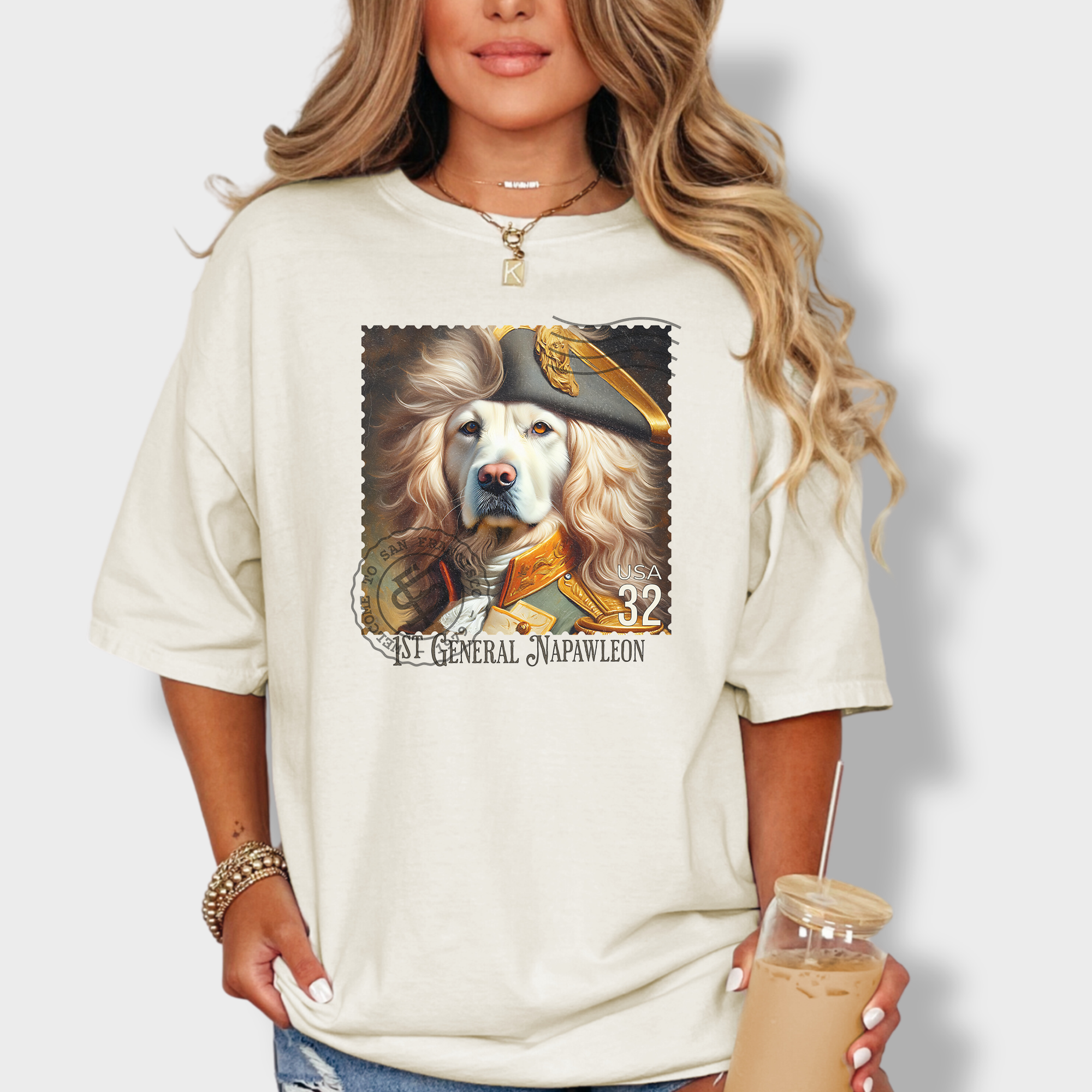 Custom Dog Graphic T-Shirt in Ivory Featuring Unique Labrador Vintage Stamp Design