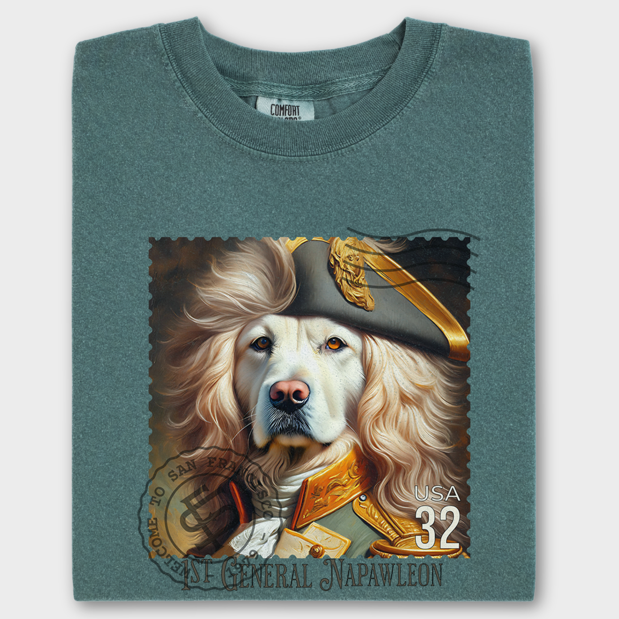 Custom Dog Graphic T-Shirt in Blue Spruce Featuring Unique Labrador Vintage Stamp Design-Fetch N Found