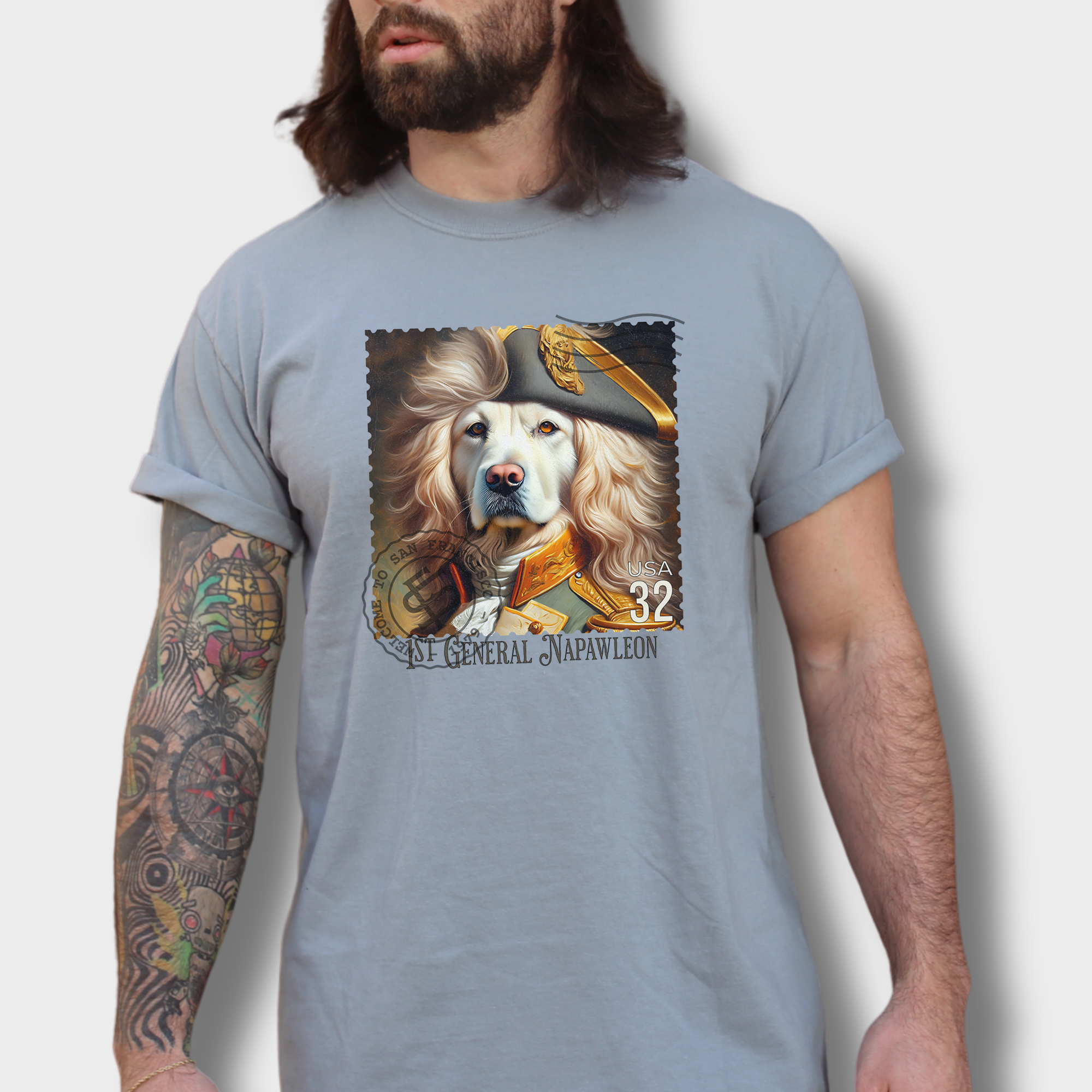Custom Dog Graphic T-Shirt in Granite Featuring Unique Labrador Vintage Stamp Design