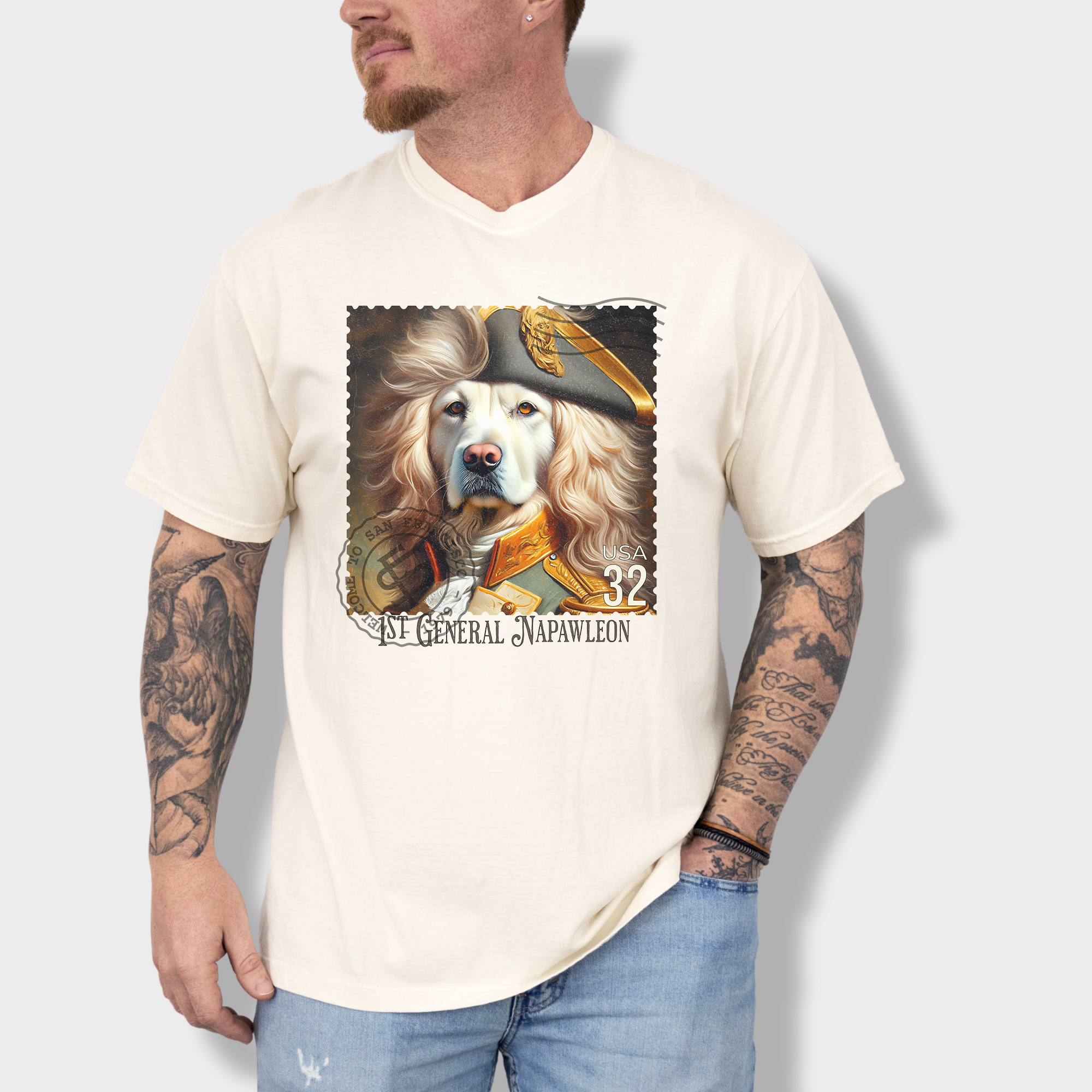 Custom Dog Graphic T-Shirt in Ivory Featuring Unique Labrador Vintage Stamp Design