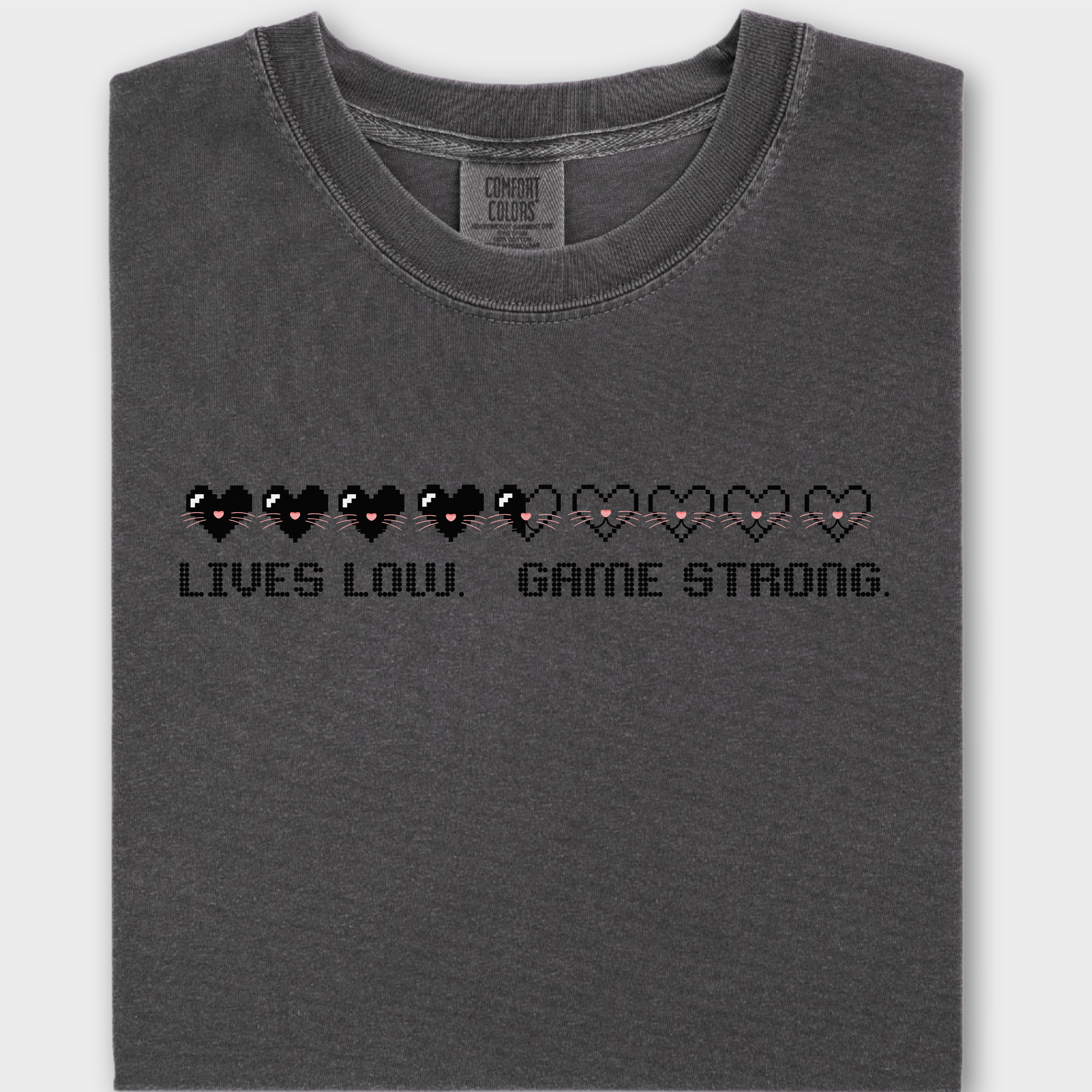 Retro Nine Lives Low Cat Pixelated Comfort Colors T-Shirt in Pepper-Fetch N Found