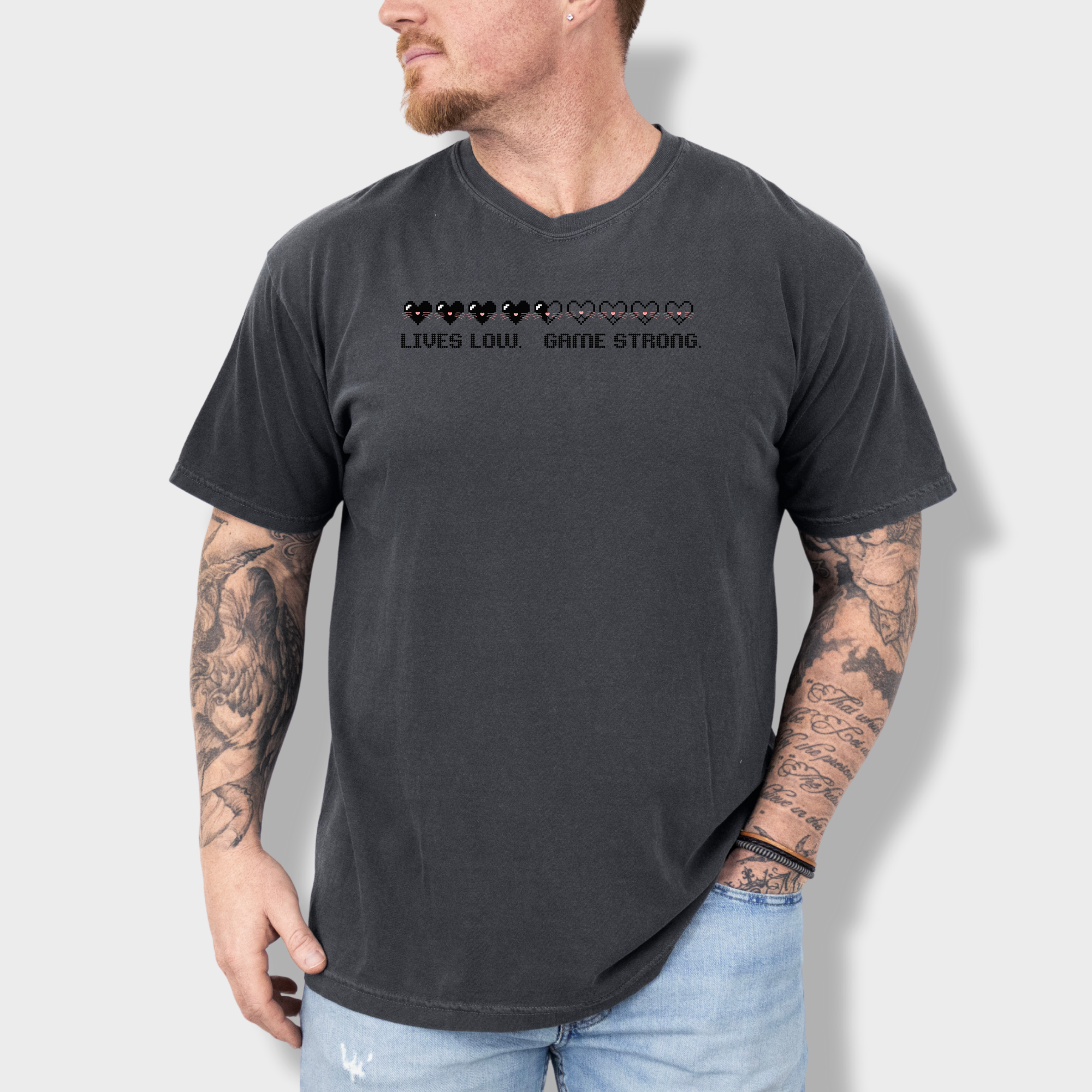 Retro Nine Lives Low Cat Pixelated Comfort Colors T-Shirt in Pepper-Fetch N Found