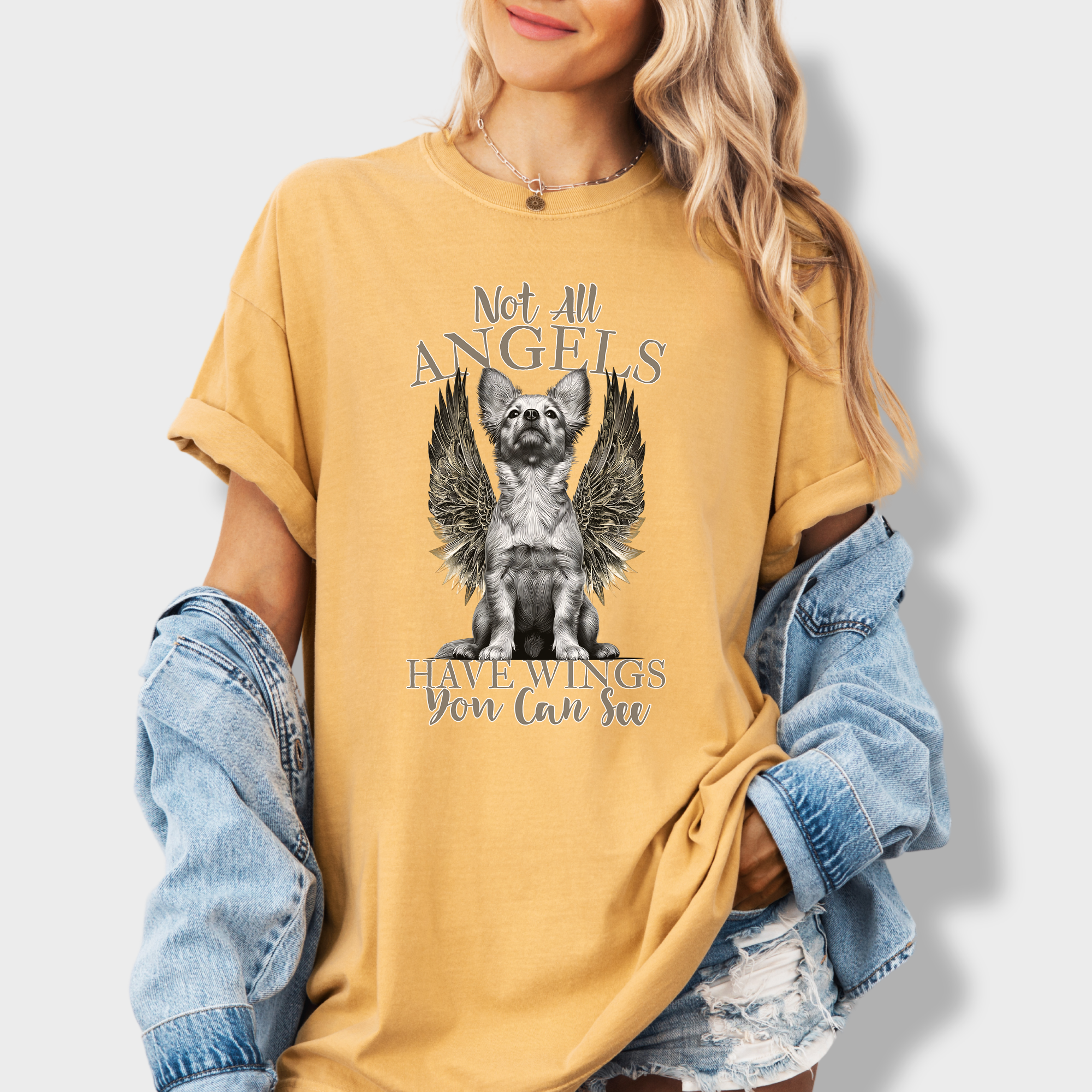 Artistic Not All Angels Have Wings You Can See Dog Graphic Comfort Colors T-Shirt in Mustard-Fetch N Found