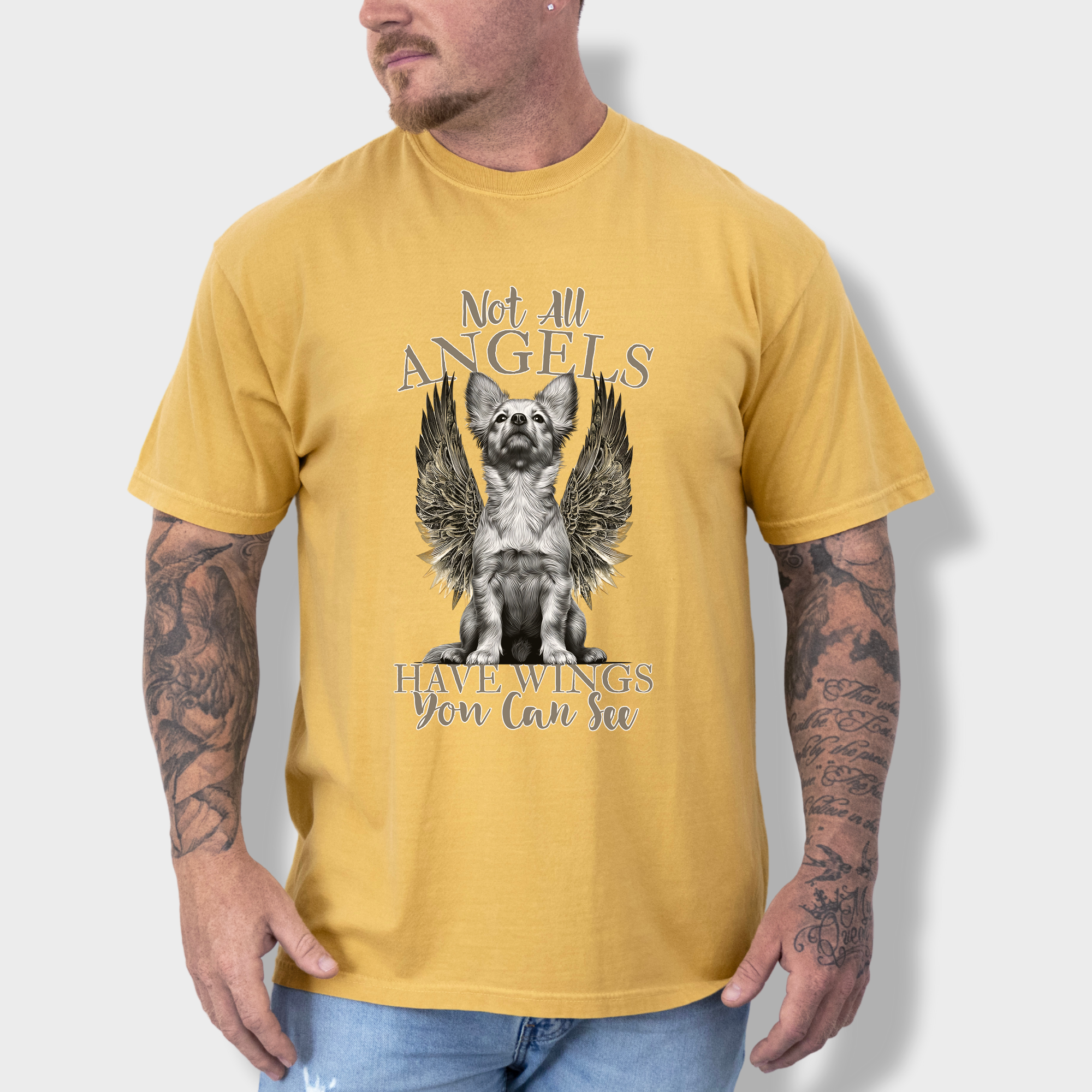 Artistic Not All Angels Have Wings You Can See Dog Graphic Comfort Colors T-Shirt in Mustard-Fetch N Found