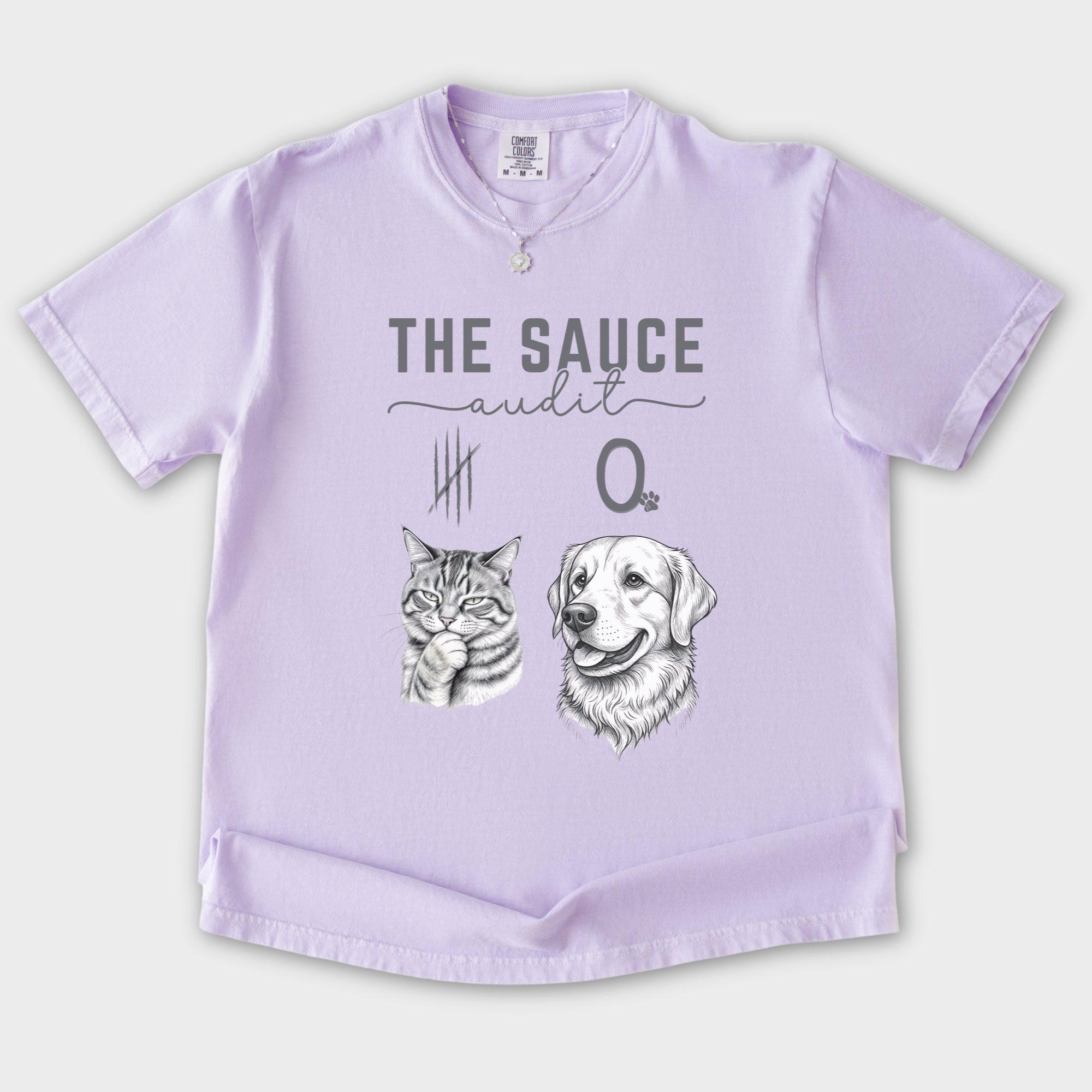 Line Art Who Gives the Sauce Cat v Dog Sauce Audit Cat Graphic Comfort Colors T-Shirt in Orchid-T-Shirt-Orchid-S-Fetch N Found