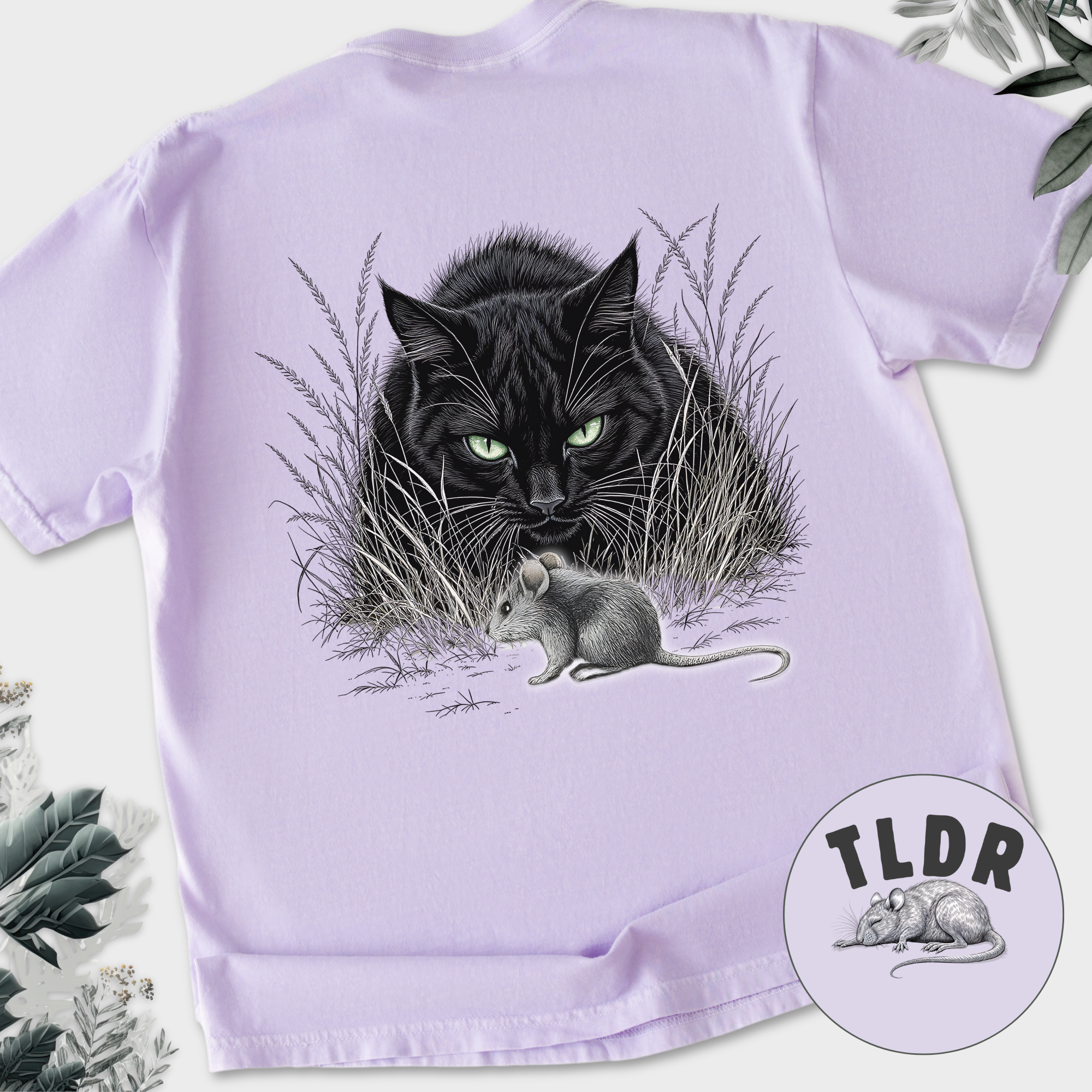 Line Art Too Long Didnt Read TLDR Cat plus Mouse Cat Graphic Comfort Colors T-Shirt in Orchid-T-Shirt-Orchid-Fetch N Found