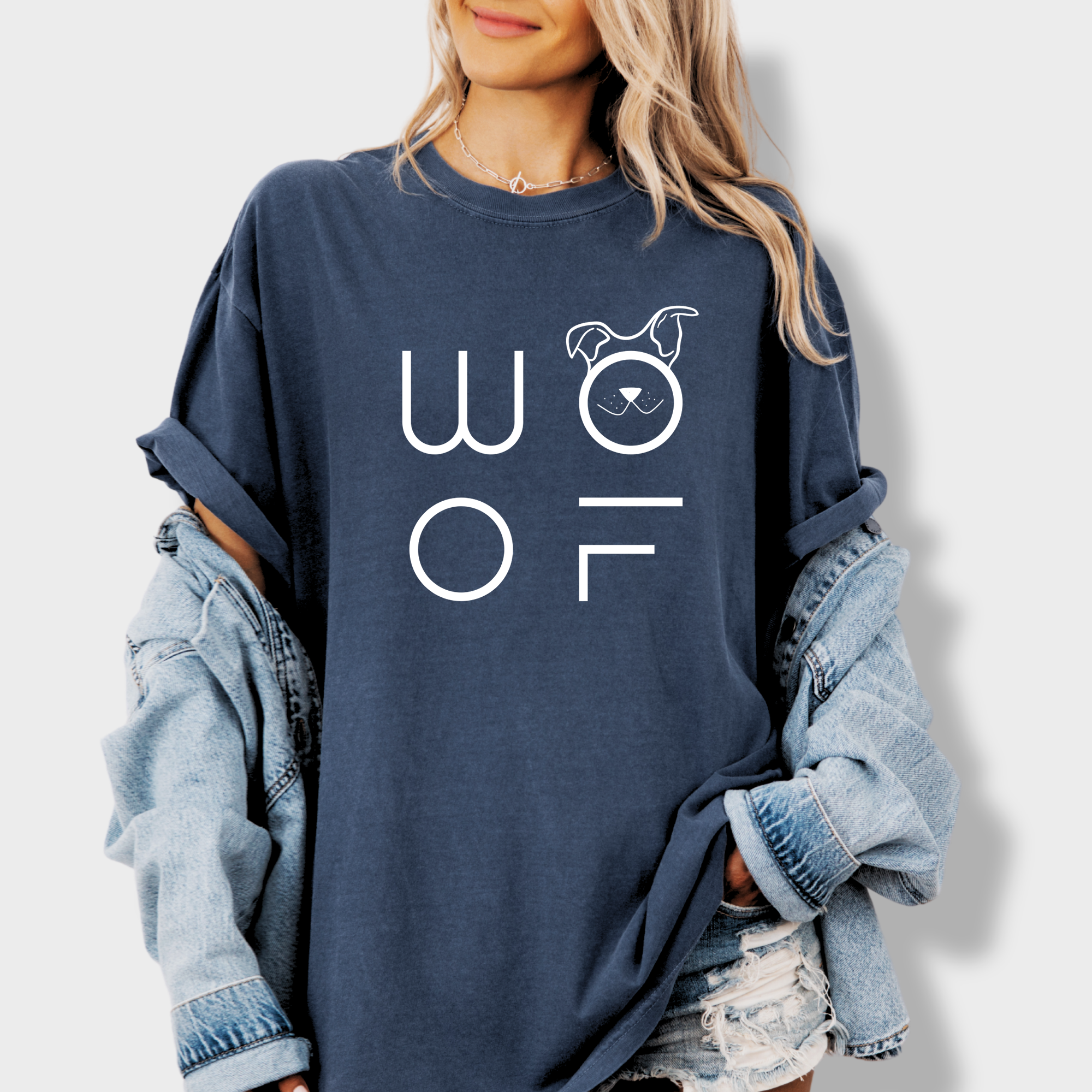 Minimalist WOOF Modern Text Design Pet Text Comfort Colors T-Shirt in Denim