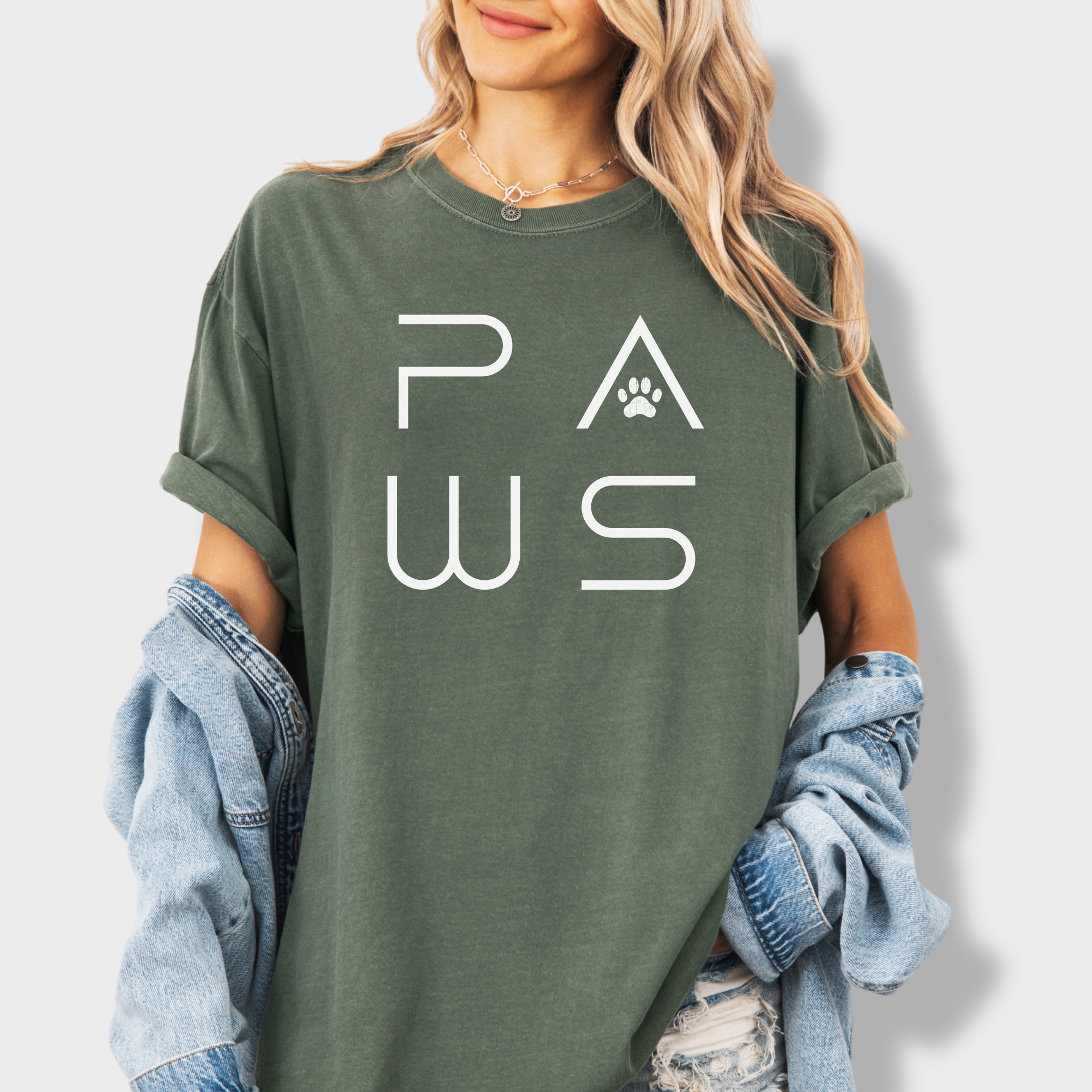 Minimalist PAWS Modern Text Design Pet Text Comfort Colors T-Shirt in Moss-Fetch N Found