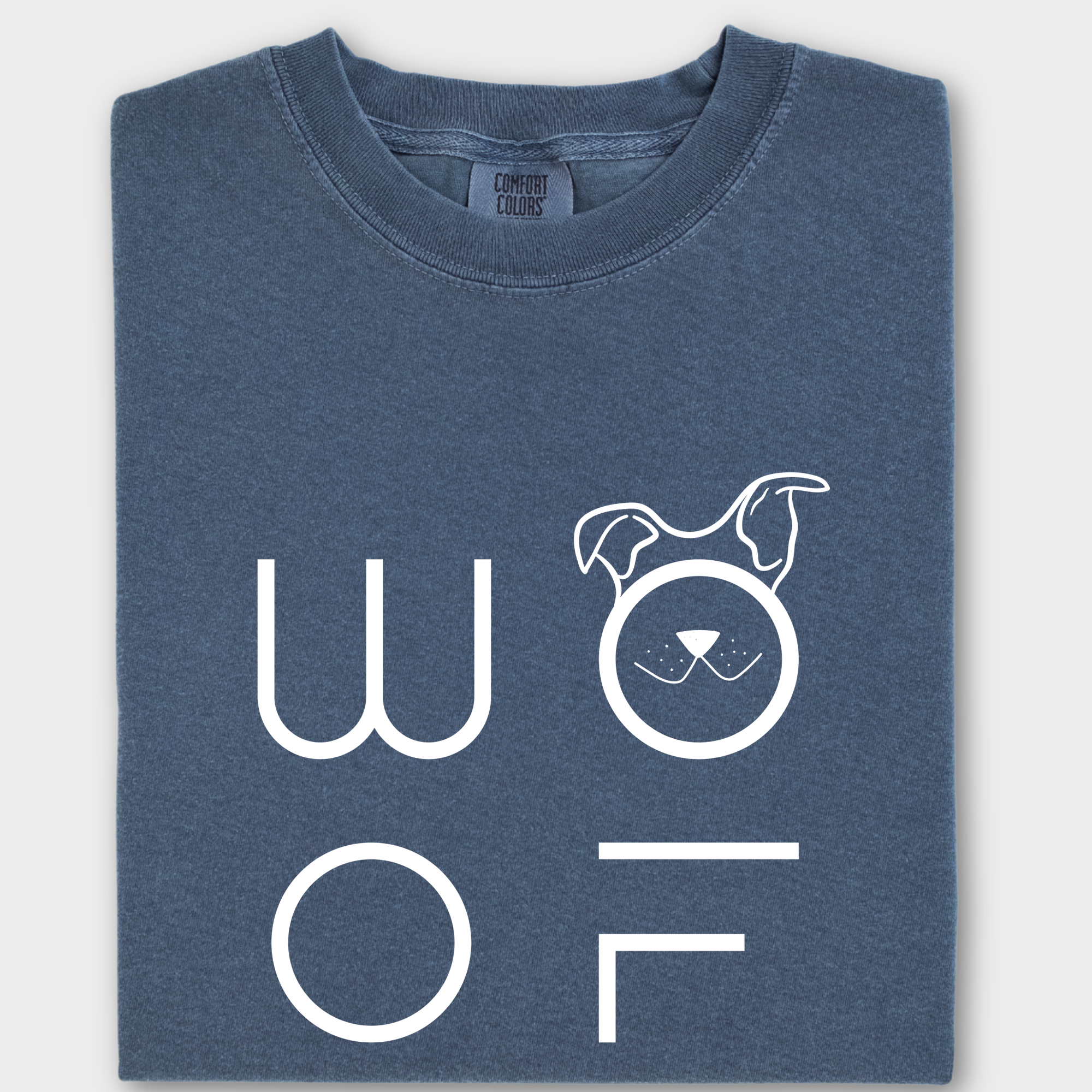 Minimalist WOOF Modern Text Design Pet Text Comfort Colors T-Shirt in Denim