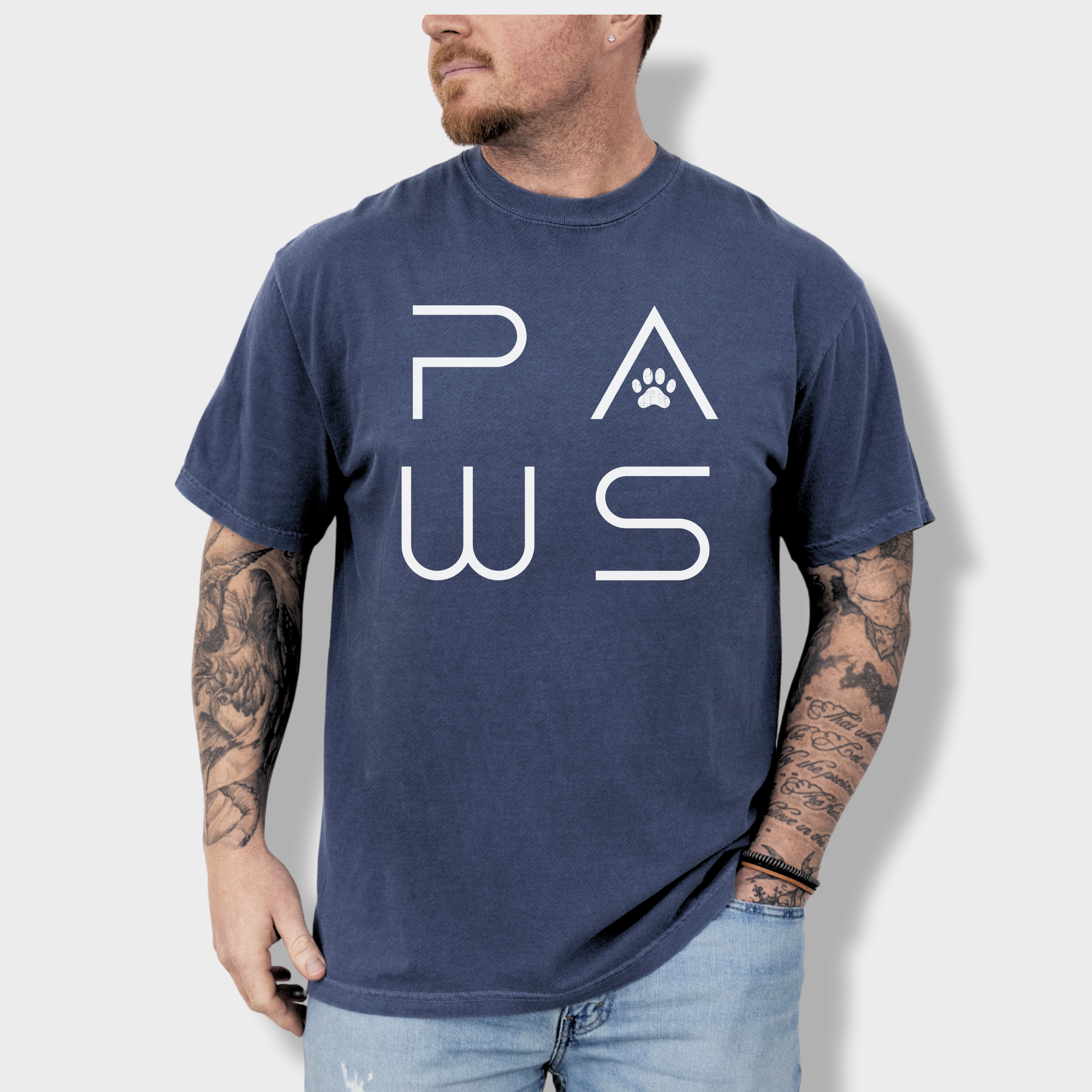 Minimalist PAWS Modern Text Design Pet Text Comfort Colors T-Shirt in Denim-Fetch N Found