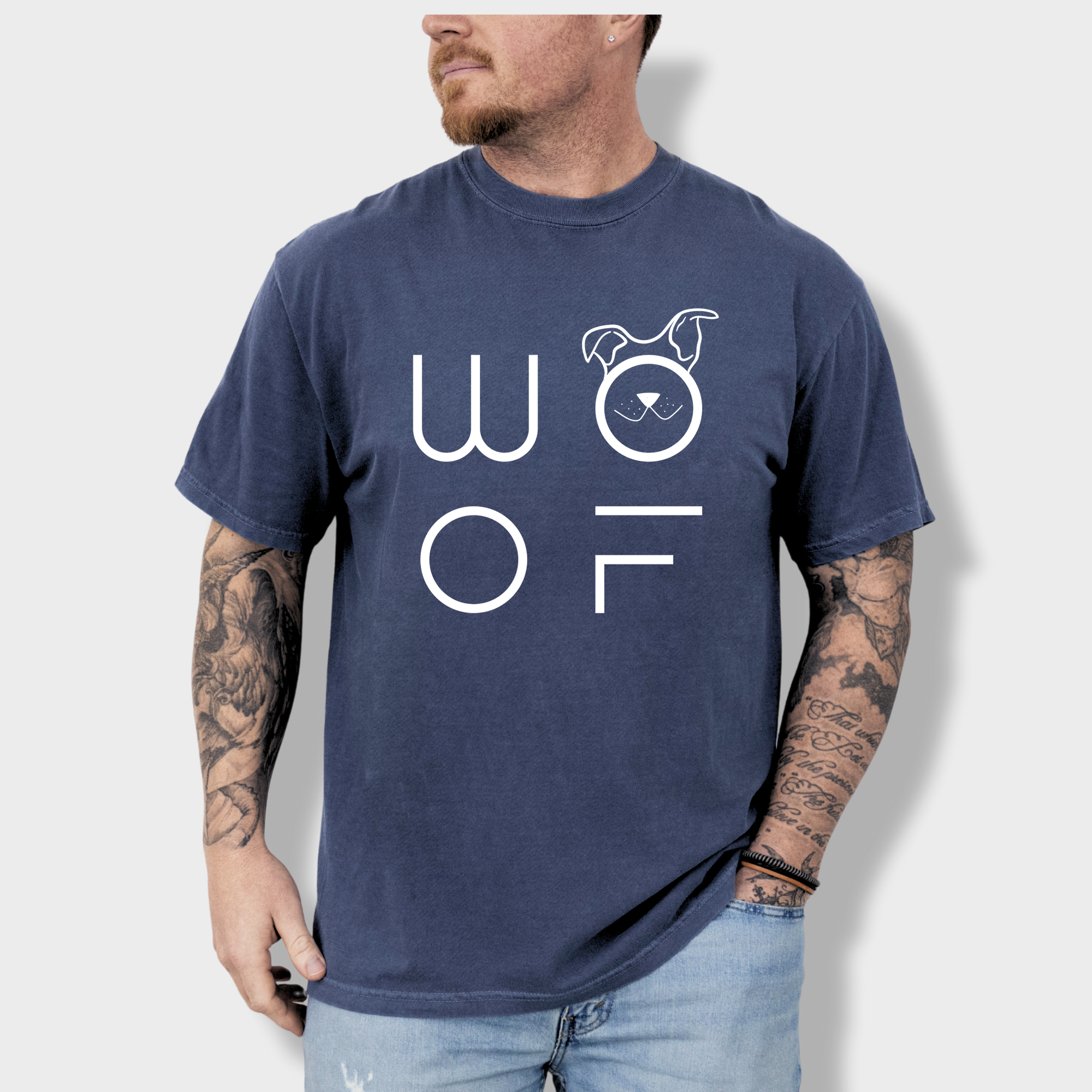 Minimalist WOOF Modern Text Design Pet Text Comfort Colors T-Shirt in Denim
