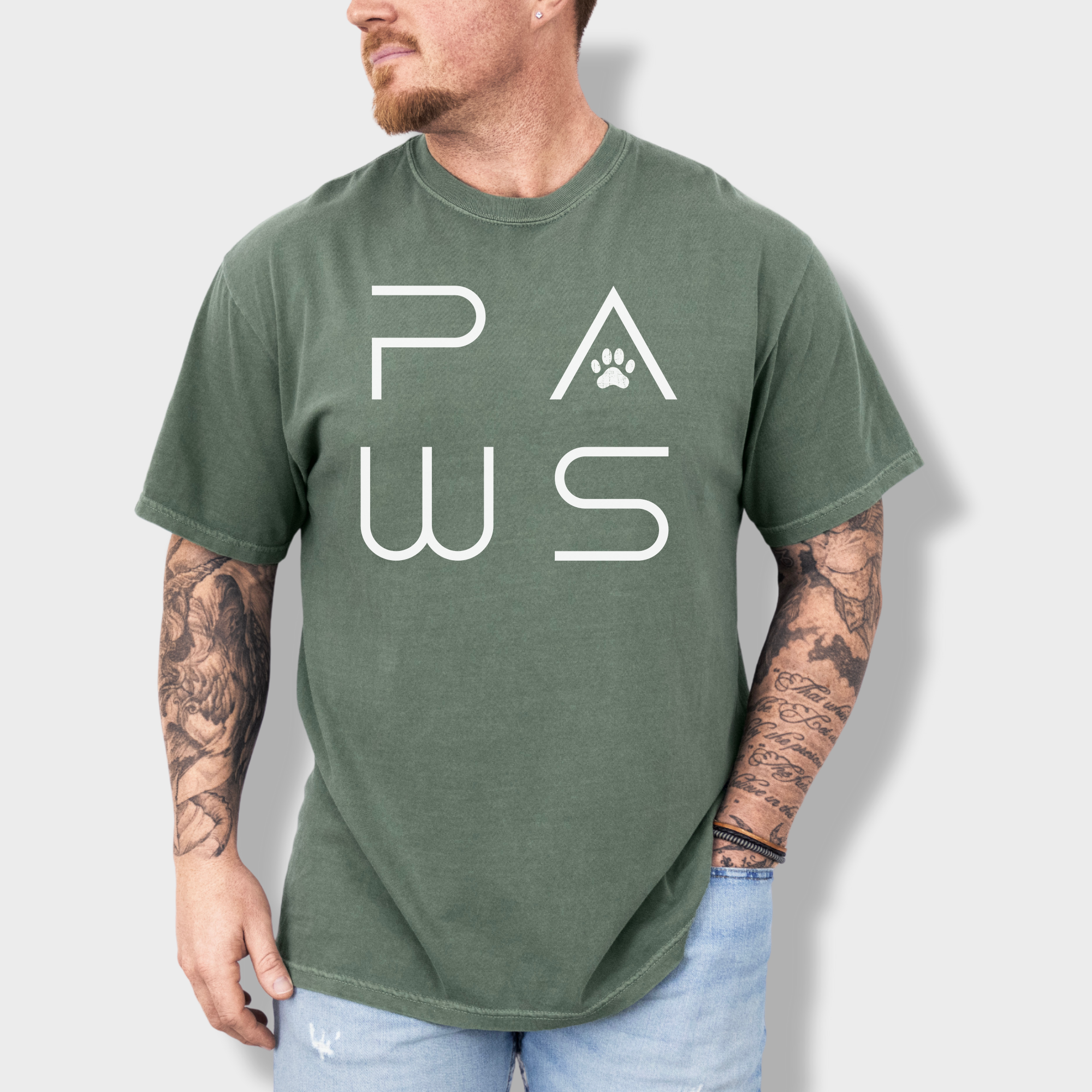 Minimalist PAWS Modern Text Design Pet Text Comfort Colors T-Shirt in Moss-Fetch N Found