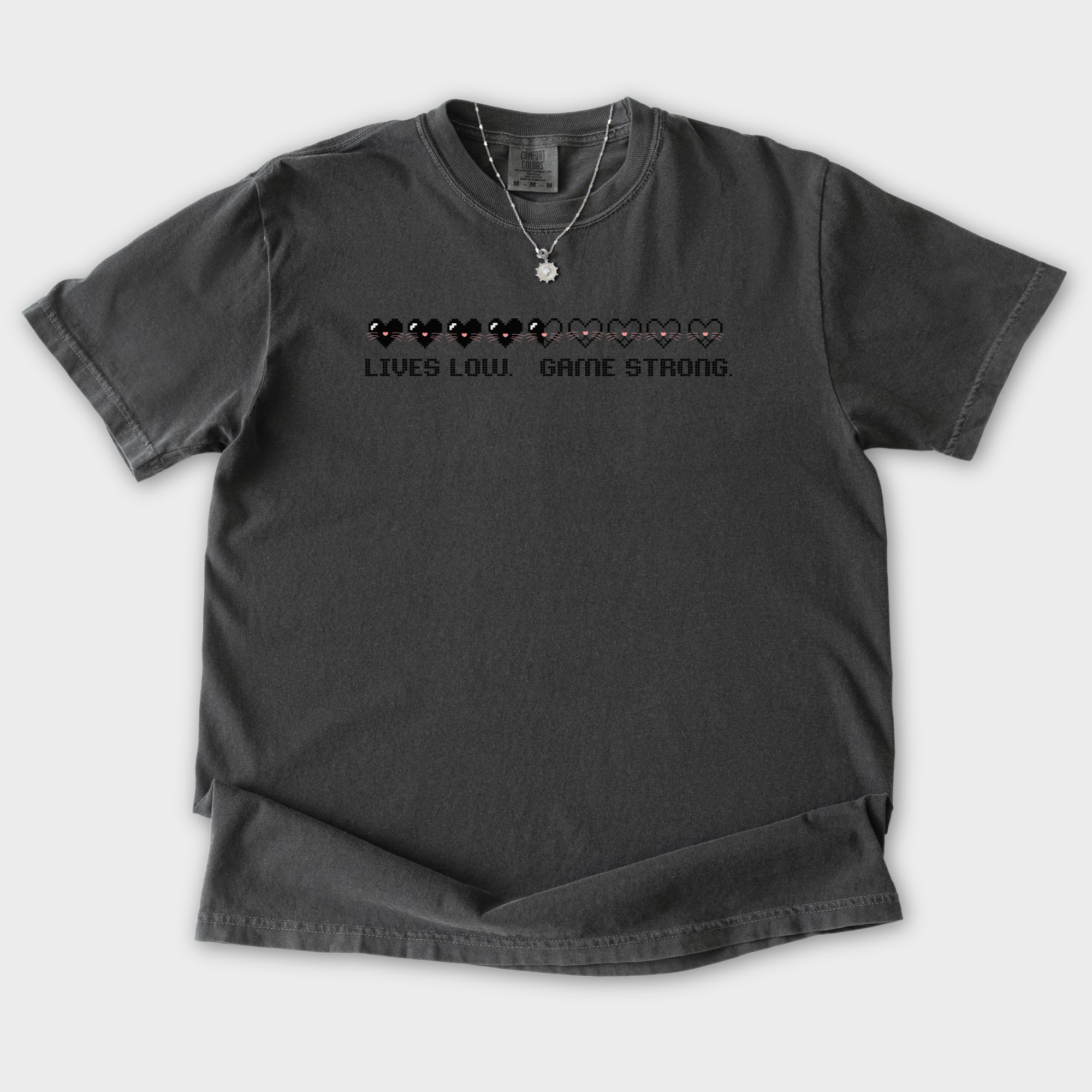 Retro Nine Lives Low Cat Pixelated Comfort Colors T-Shirt in Pepper