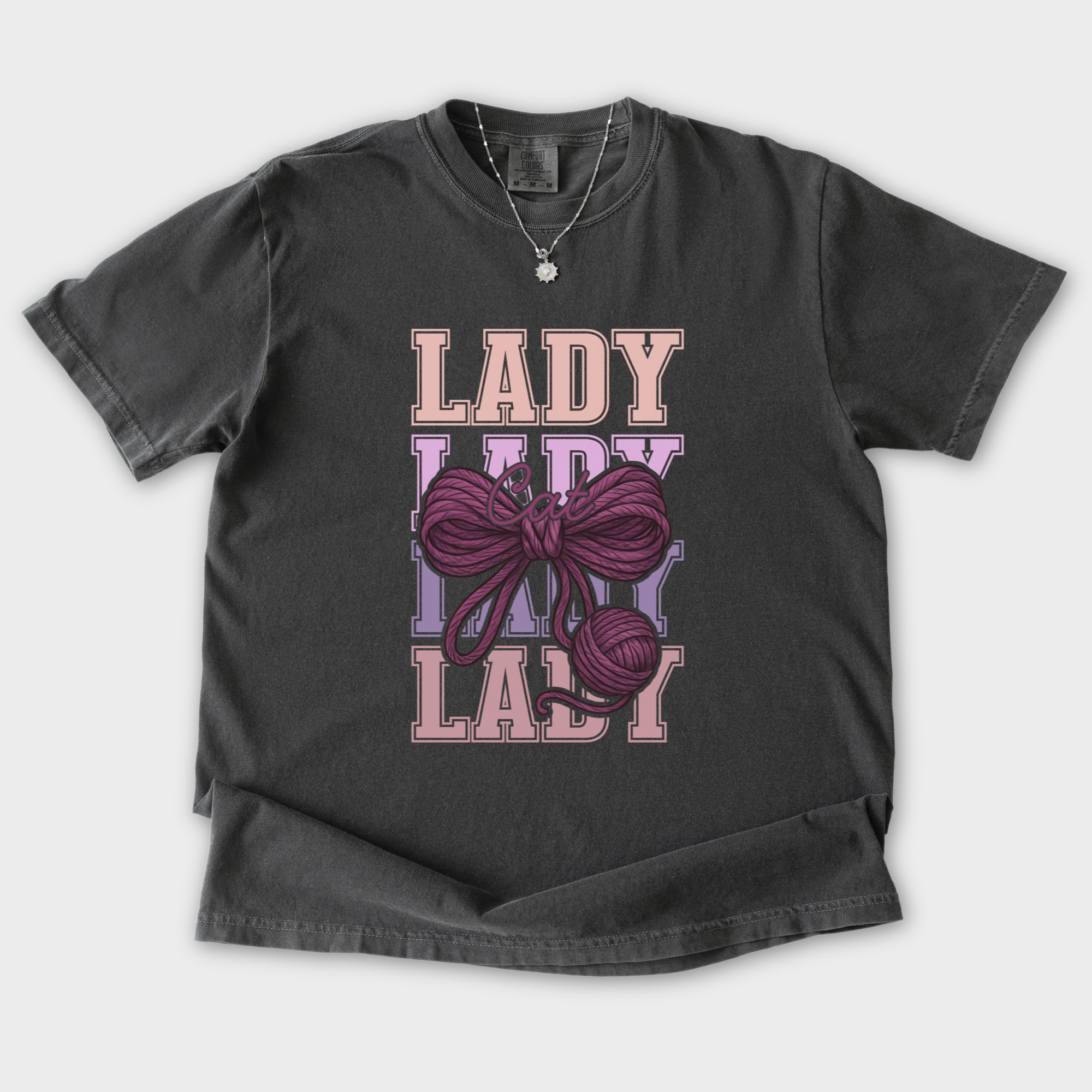 Retro Cat LADY Yarn Bow Cat Bow Comfort Colors T-Shirt in Pepper