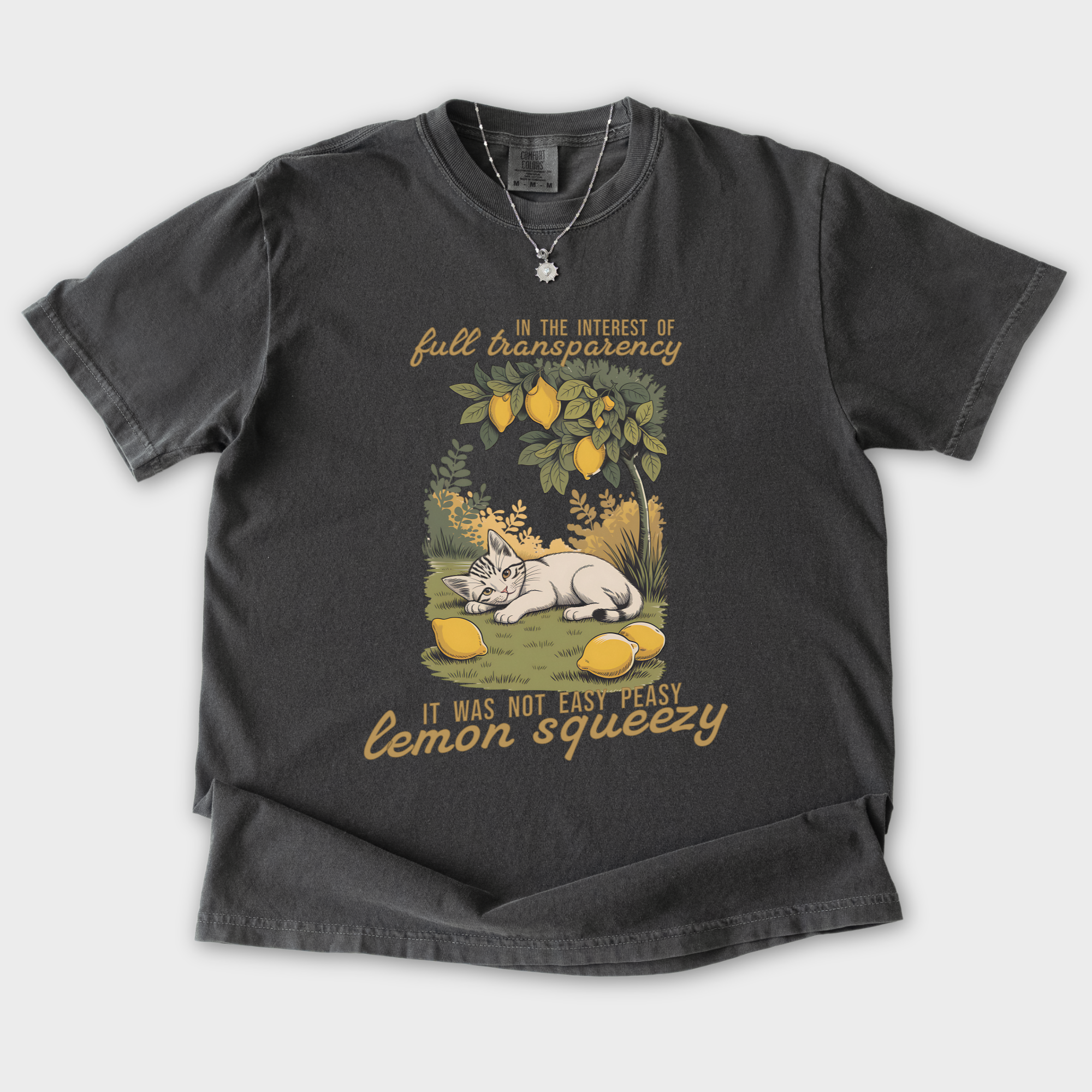 Vintage Lemon Squeezy Cat Graphic Comfort Colors T-Shirt in Pepper