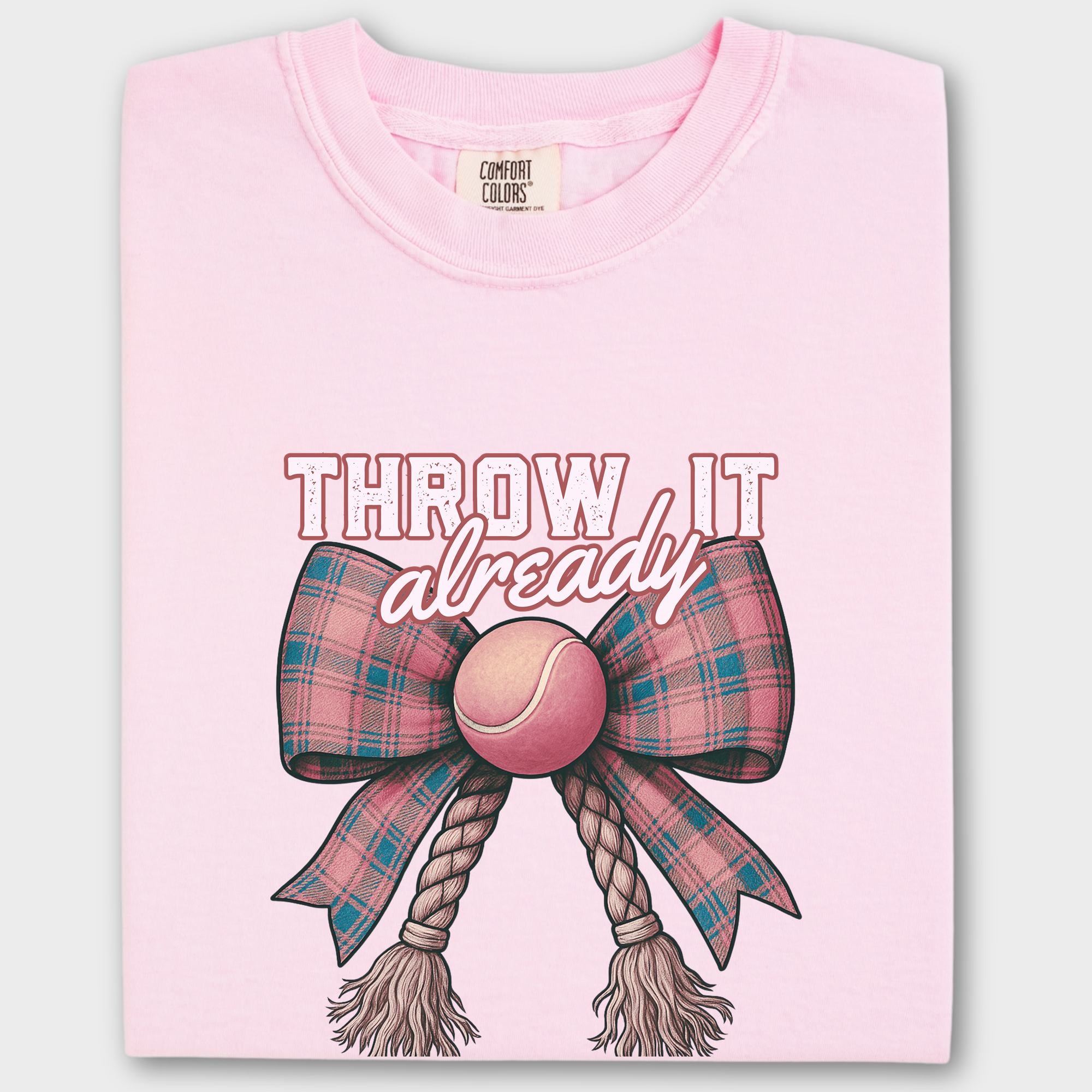 Retro Throw It Already Dog Chew Toy Bow in Pink Dog Bow Comfort Colors T-Shirt in Blossom-Fetch N Found