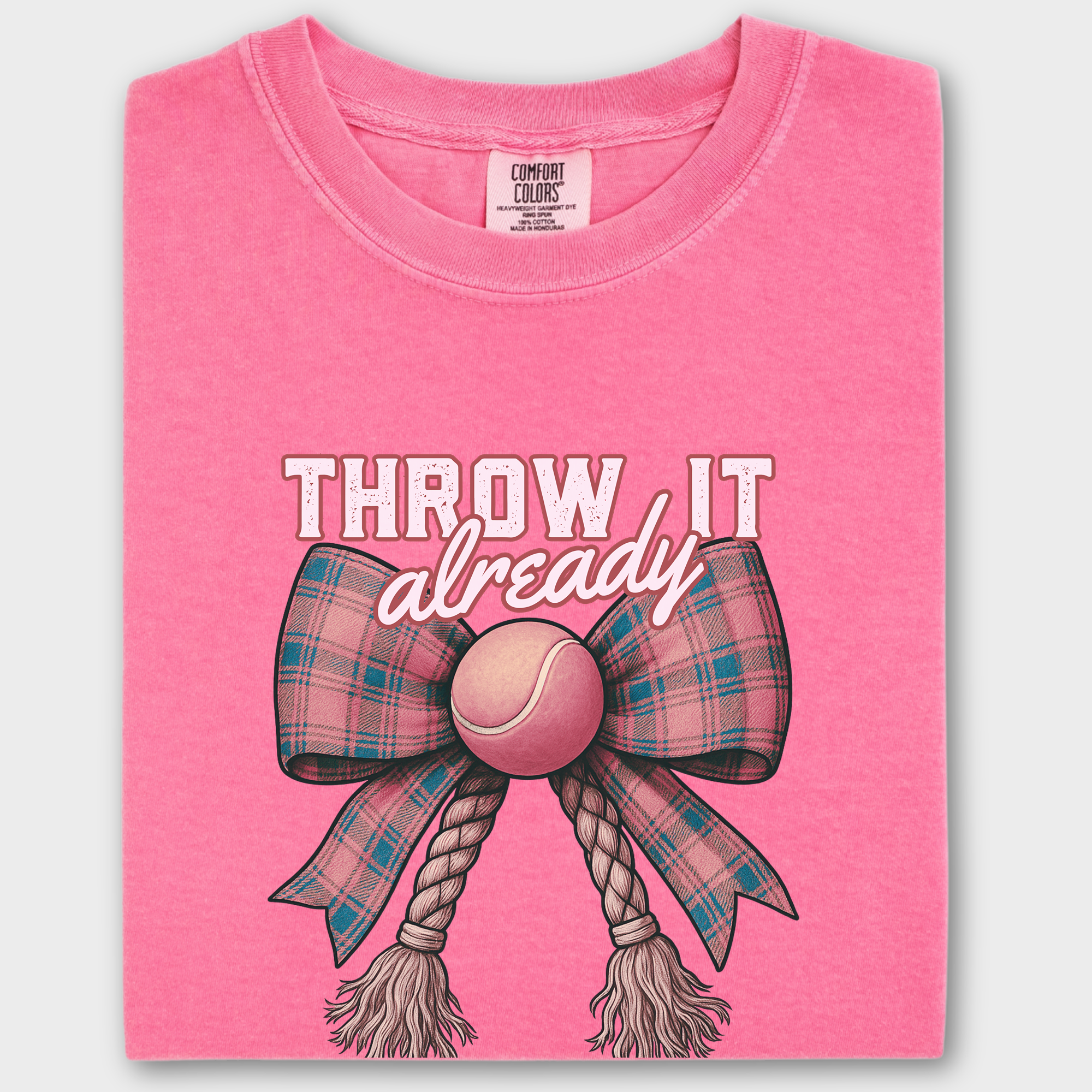 Retro Throw It Already Dog Chew Toy Bow in Pink Dog Bow Comfort Colors T-Shirt in Crunchberry-Fetch N Found