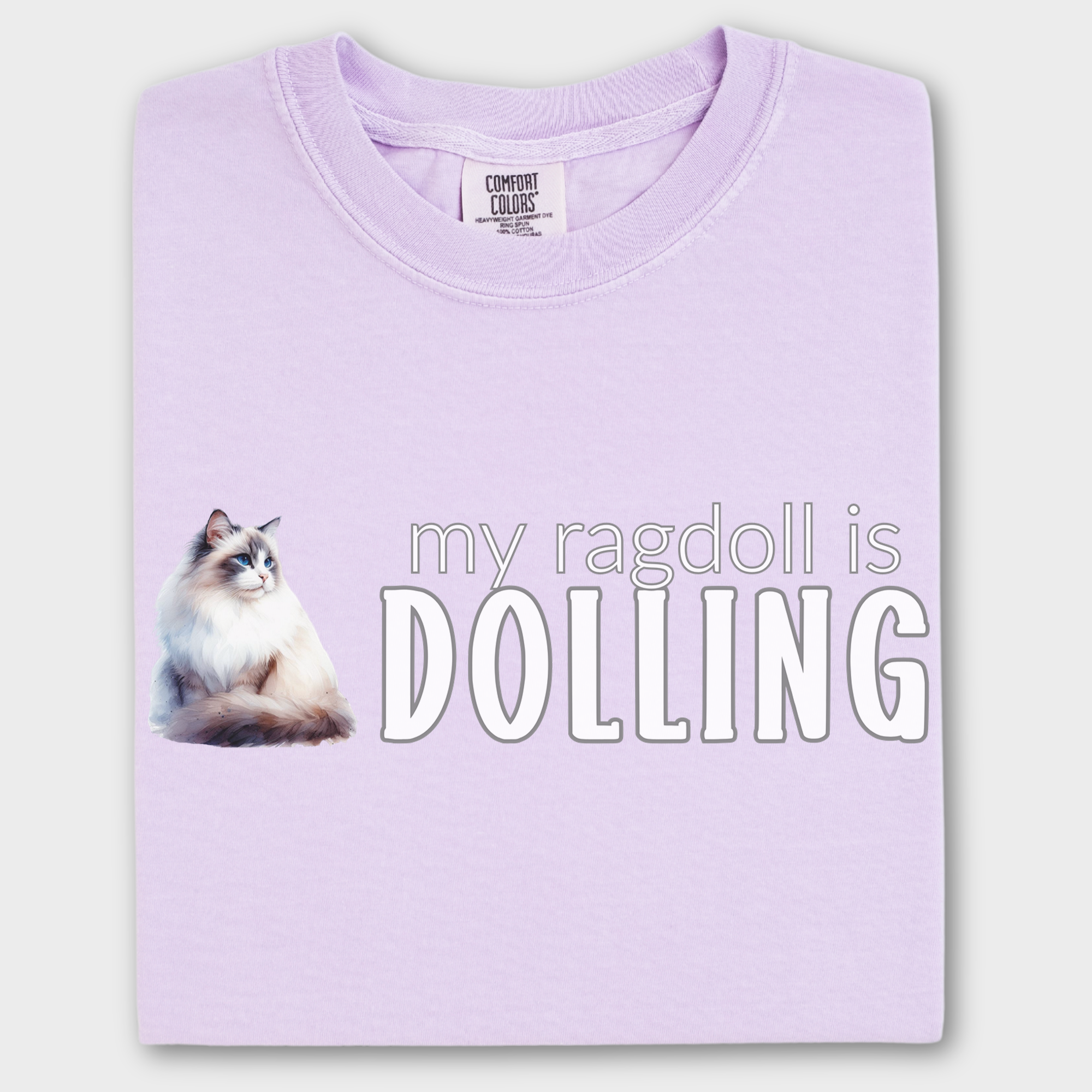 Soft cotton cat T-shirt showcasing a beautiful watercolor Ragdoll illustration with a whimsical pet lover’s phrase.