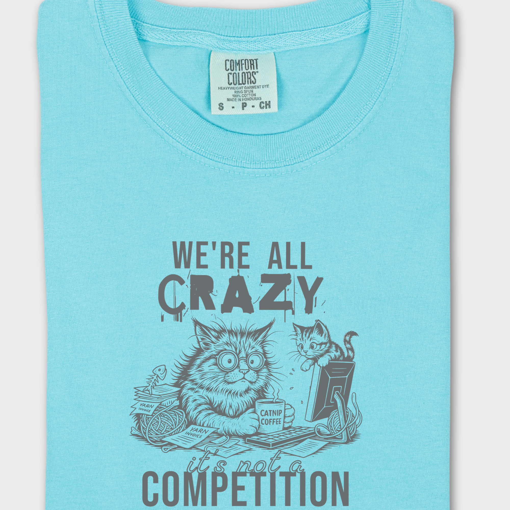 Line Art Were All Crazy Its Not a Competition Cat Graphic Comfort Colors T-Shirt in Lagoon Blue-T-Shirt-Lagoon Blue-Fetch N Found