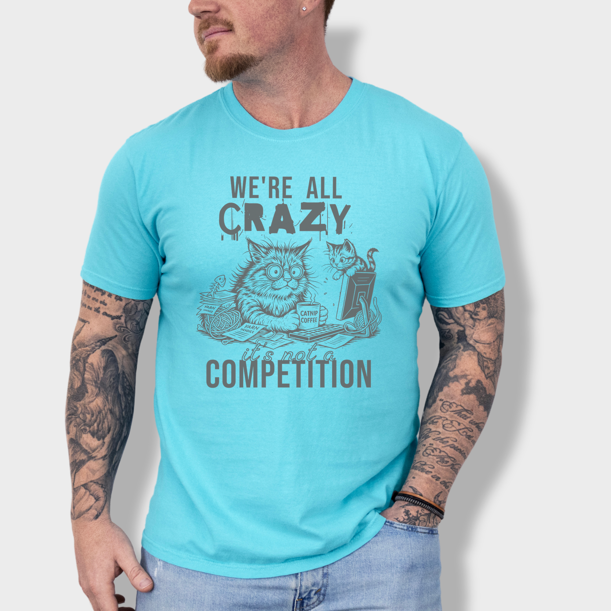 Line Art Were All Crazy Its Not a Competition Cat Graphic Comfort Colors T-Shirt in Lagoon Blue-T-Shirt-Lagoon Blue-Fetch N Found