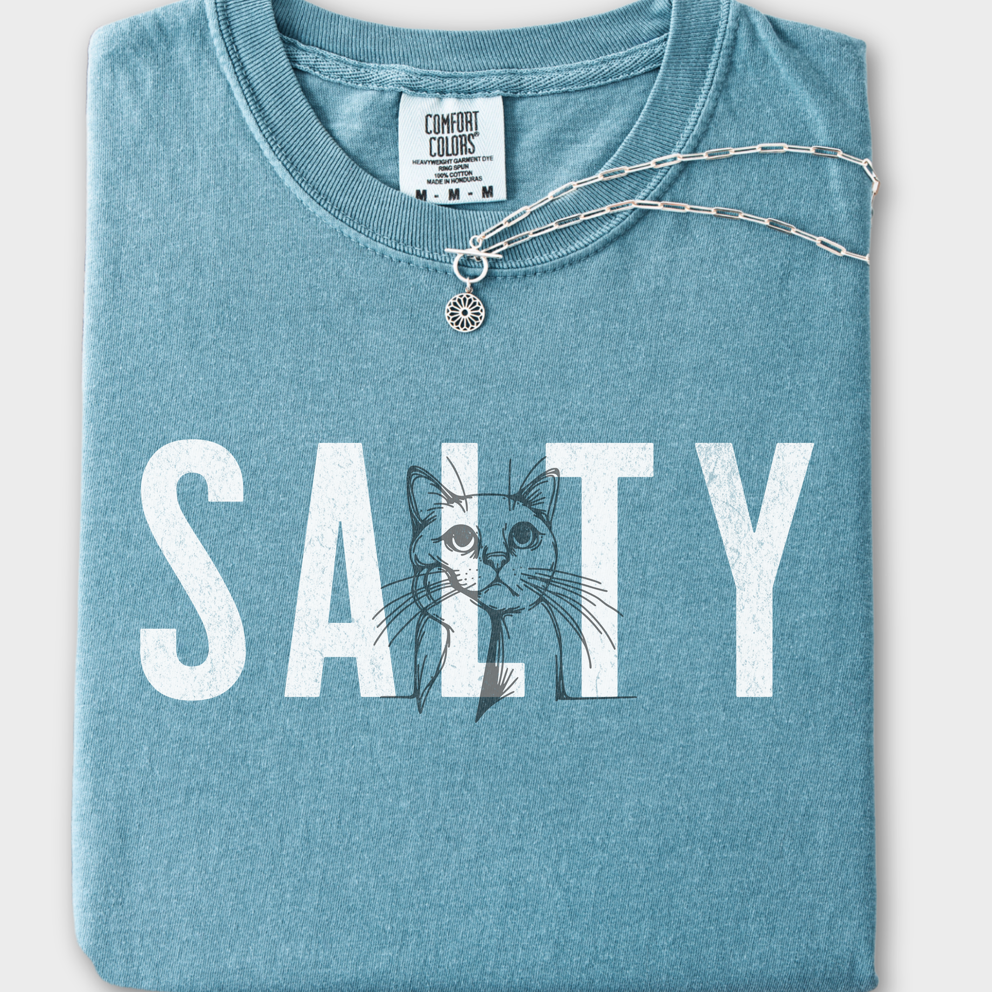 Retro Salty Cat Text Comfort Colors T-Shirt in Ice Blue-Fetch N Found