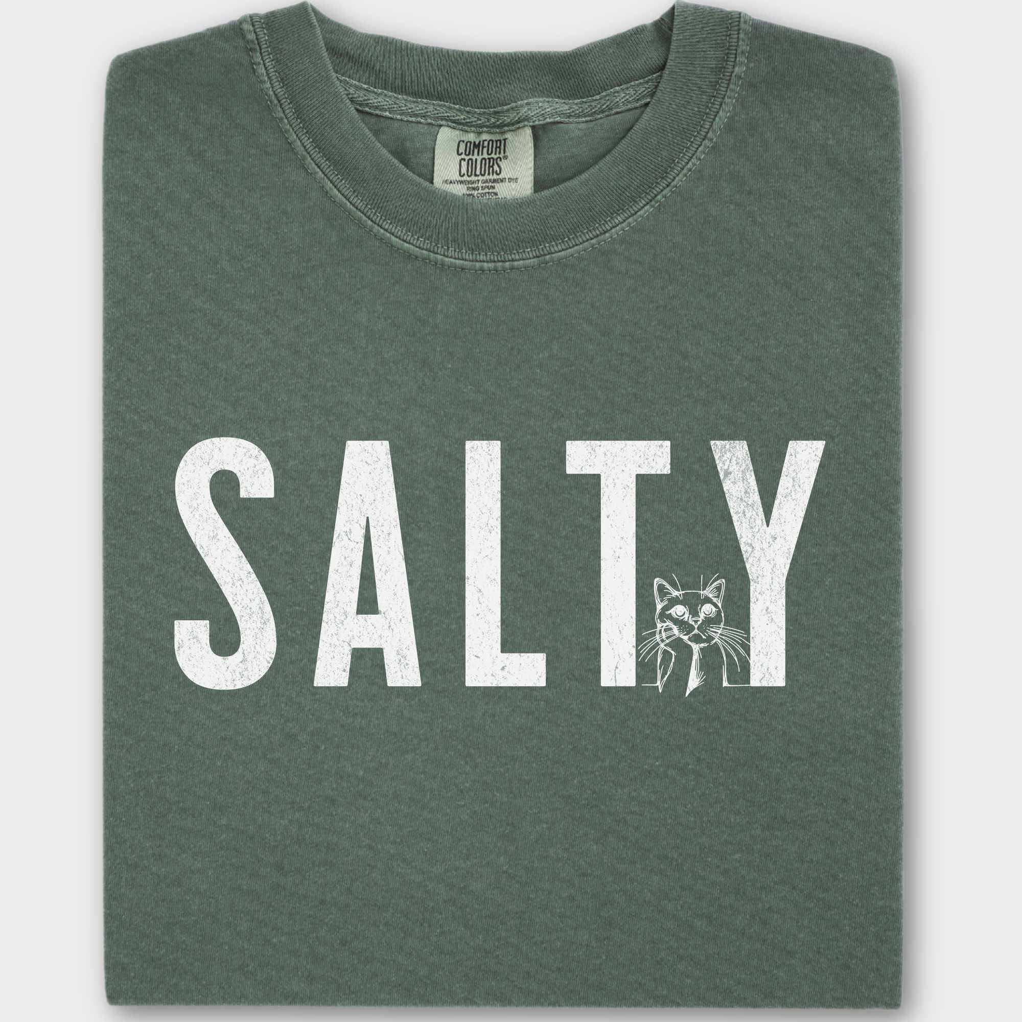 Retro Salty Minimalist Cat Text Comfort Colors T-Shirt in Moss-Fetch N Found