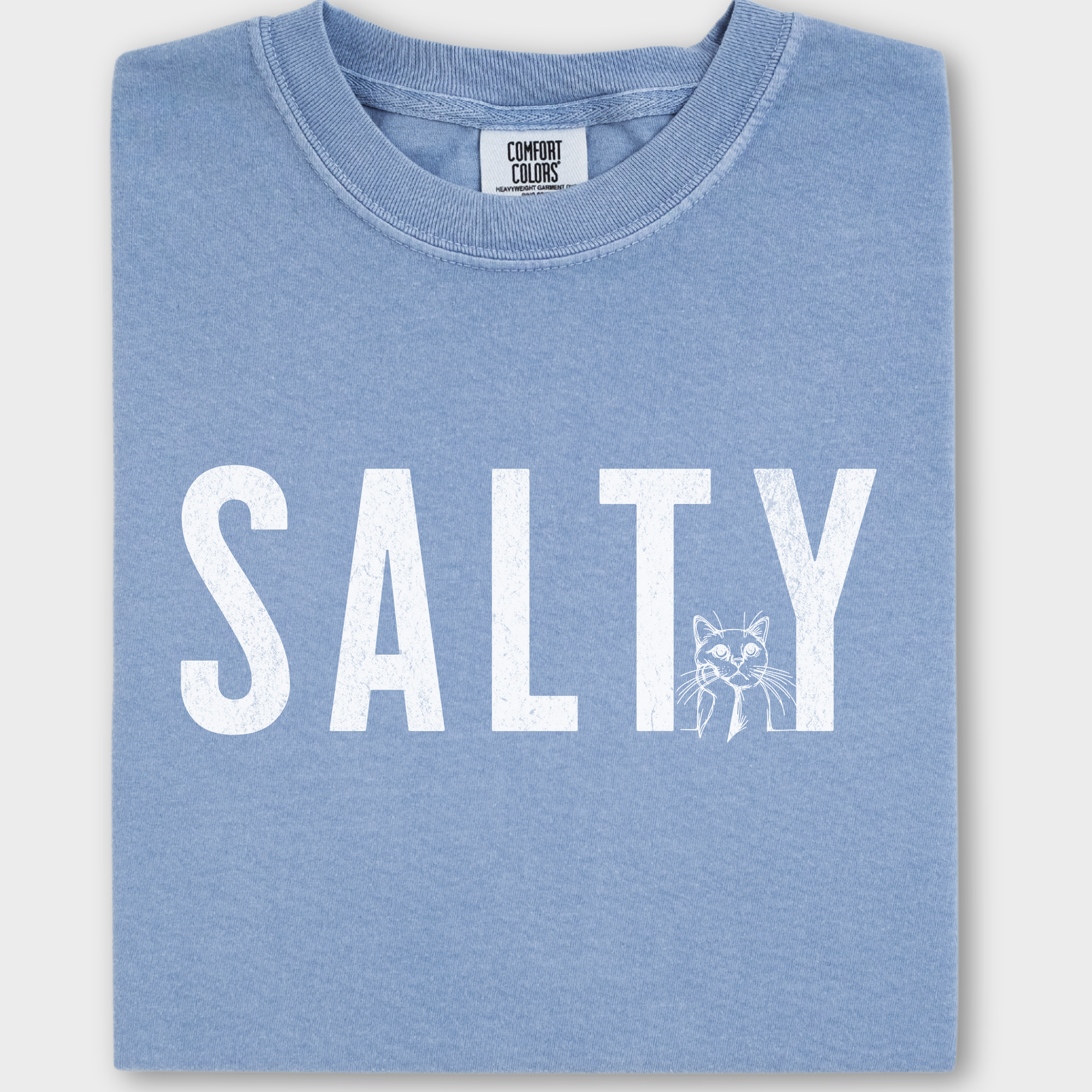 Retro Salty Minimalist Cat Text Comfort Colors T-Shirt in Washed Denim-Fetch N Found