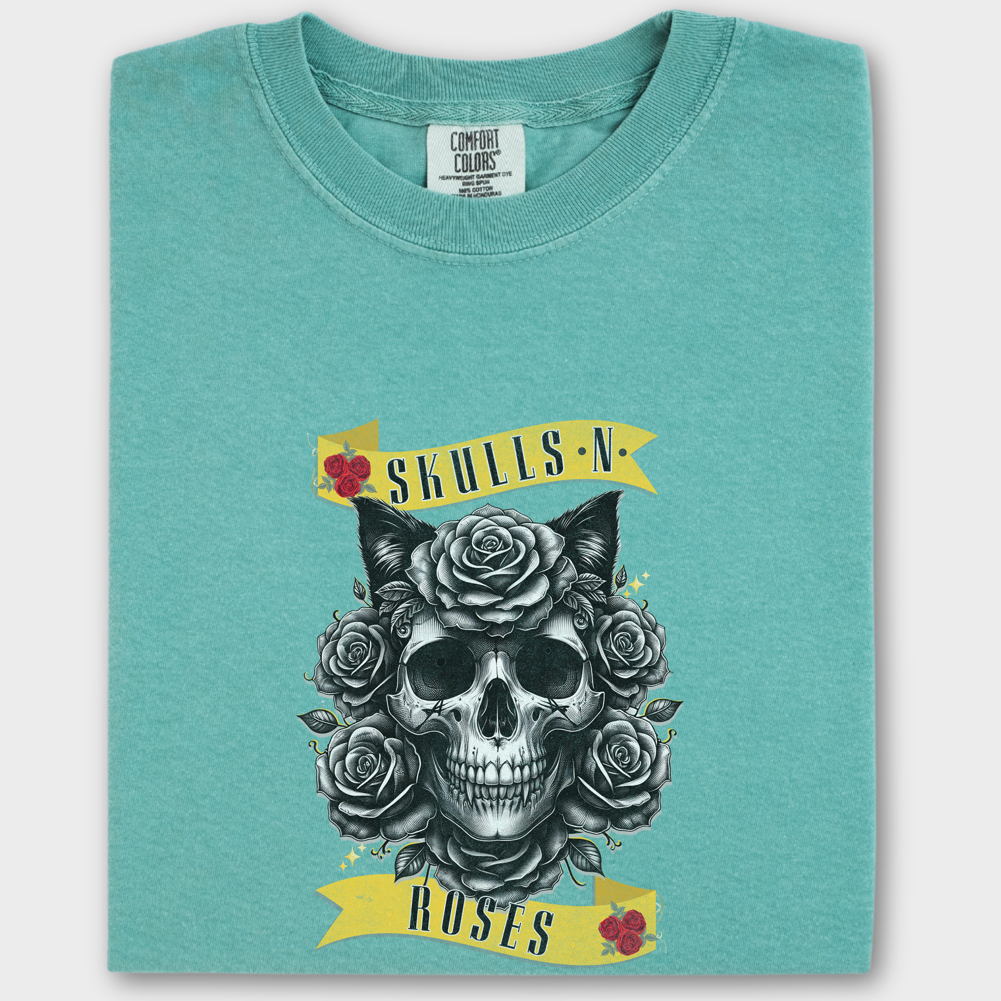 Floral Pet Skulls N Roses Solo Band Pet Skeleton Comfort Colors T-Shirt in Seafoam