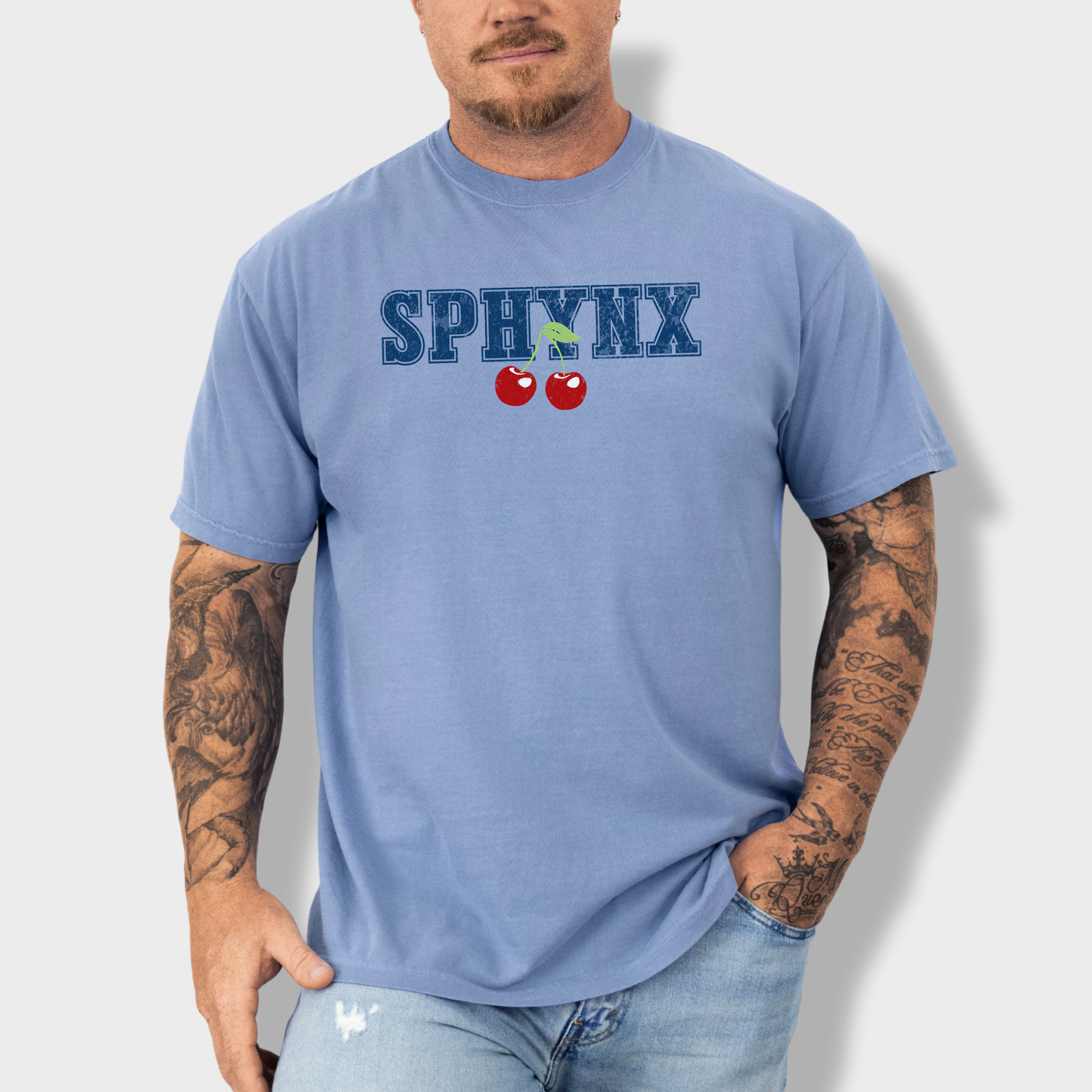 Western Sphynx Cherry Cat Cherry Comfort Colors T-Shirt in Washed Denim-Fetch N Found