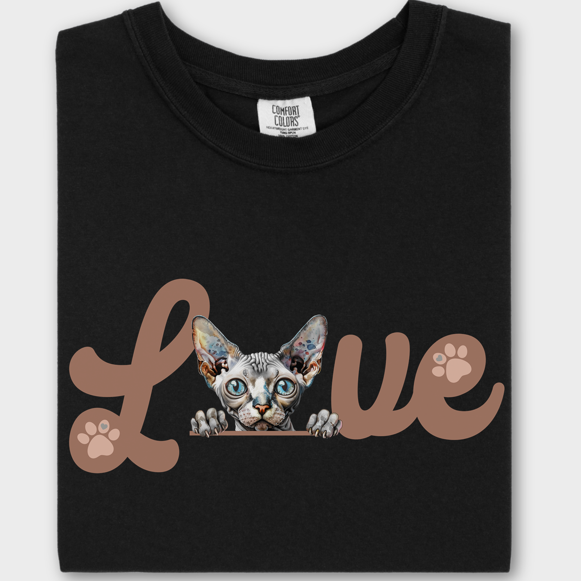 Minimalist Sphynx cat T-shirt featuring a bold L-O-V-E design in black, made from soft 100% cotton.