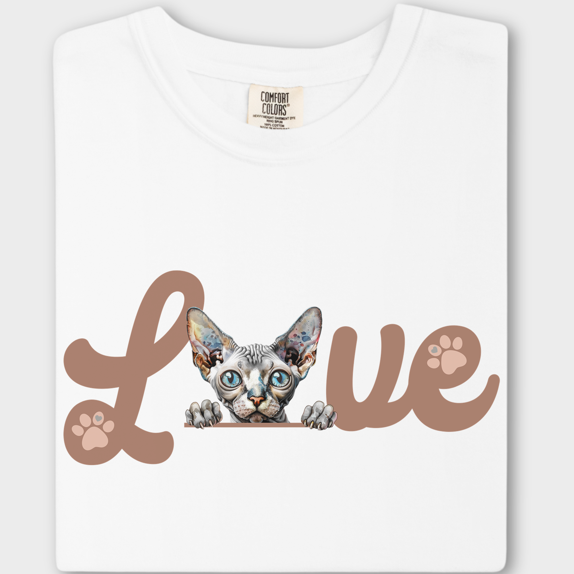 Cute and cozy Sphynx cat tee with a simple, chic L-O-V-E print. A must-have for minimalist cat lovers.