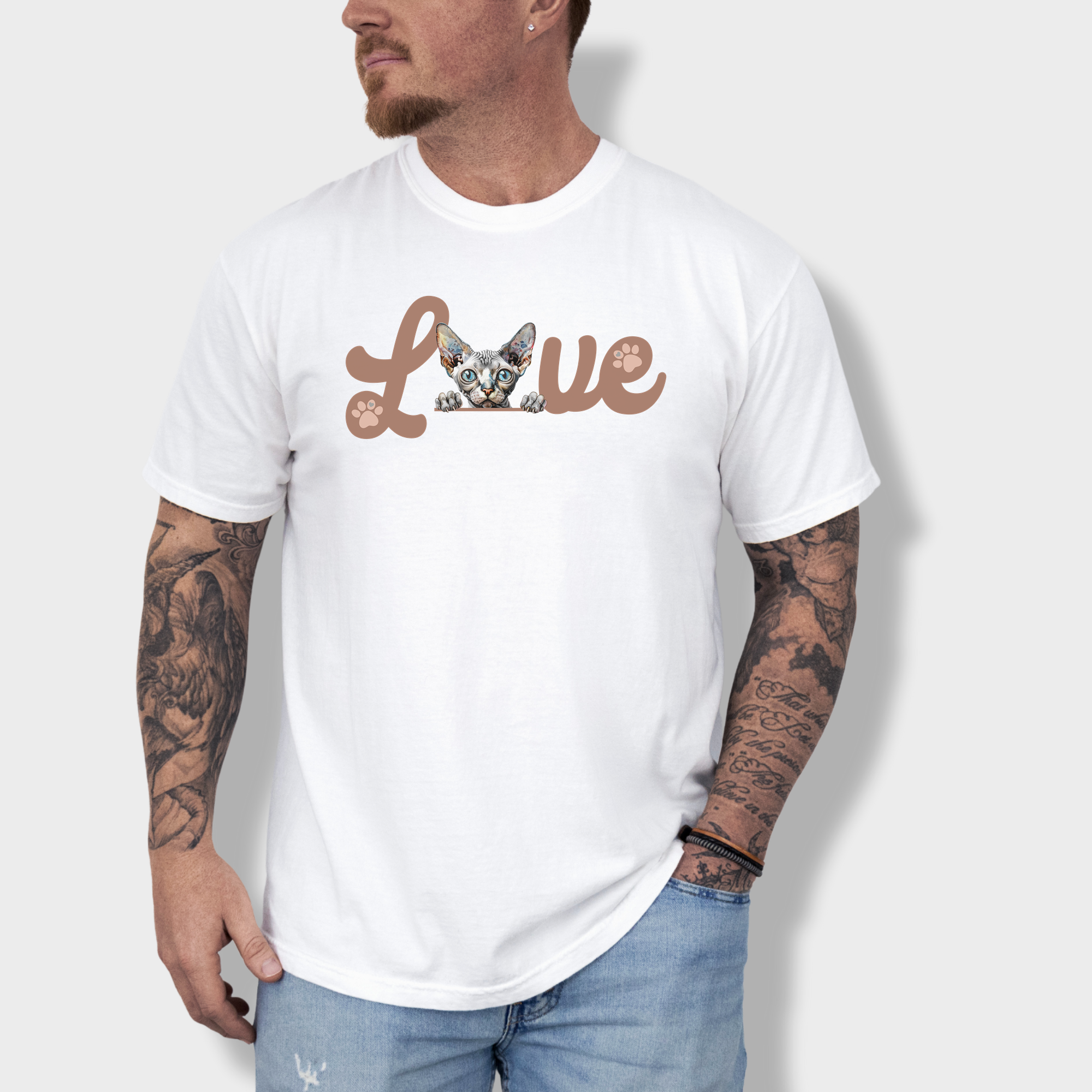 Minimalist Sphynx cat T-shirt featuring a bold L-O-V-E design in black, made from soft 100% cotton.