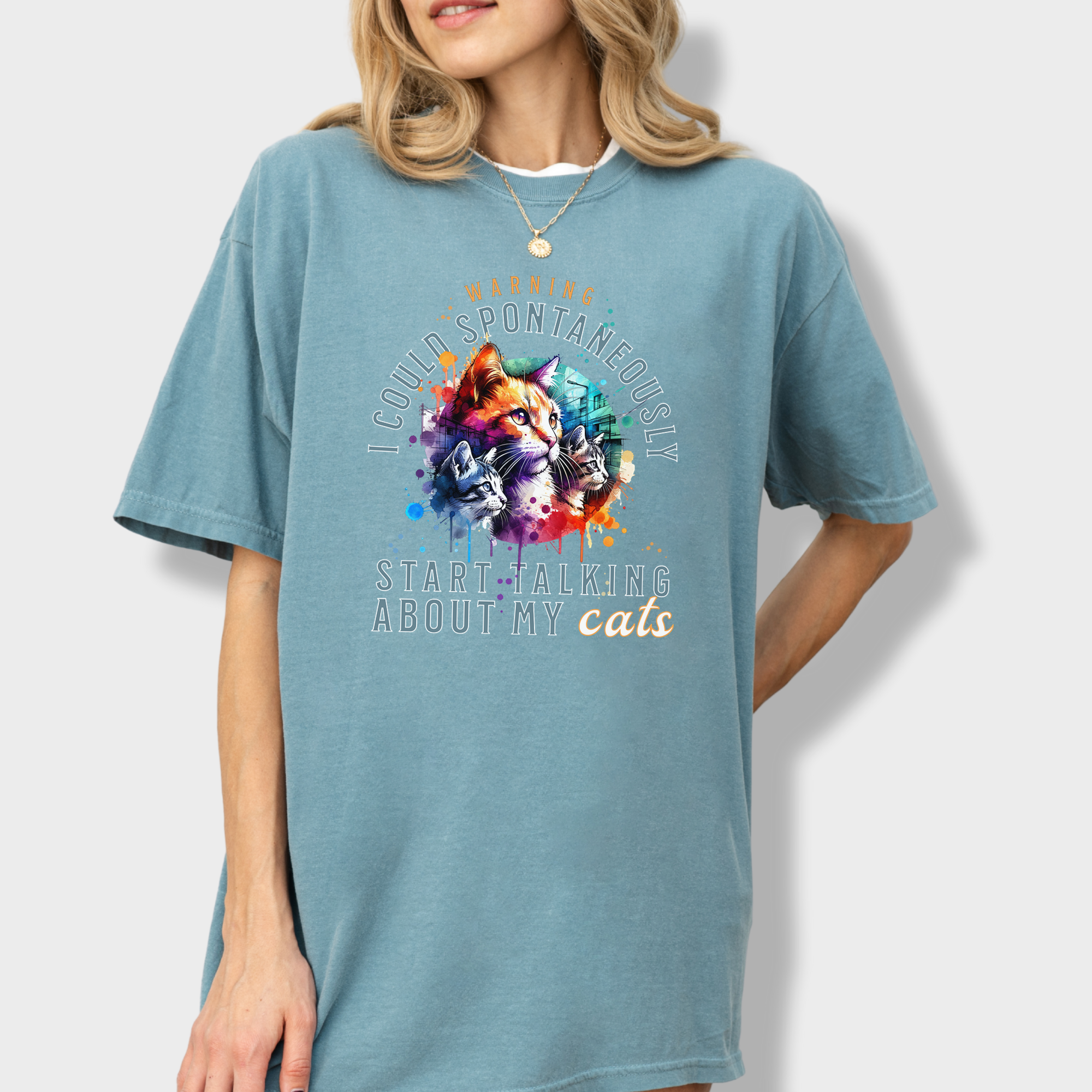 Funny cat lover’s tee with a vintage-inspired cat design and a relatable warning about non-stop cat conversations.