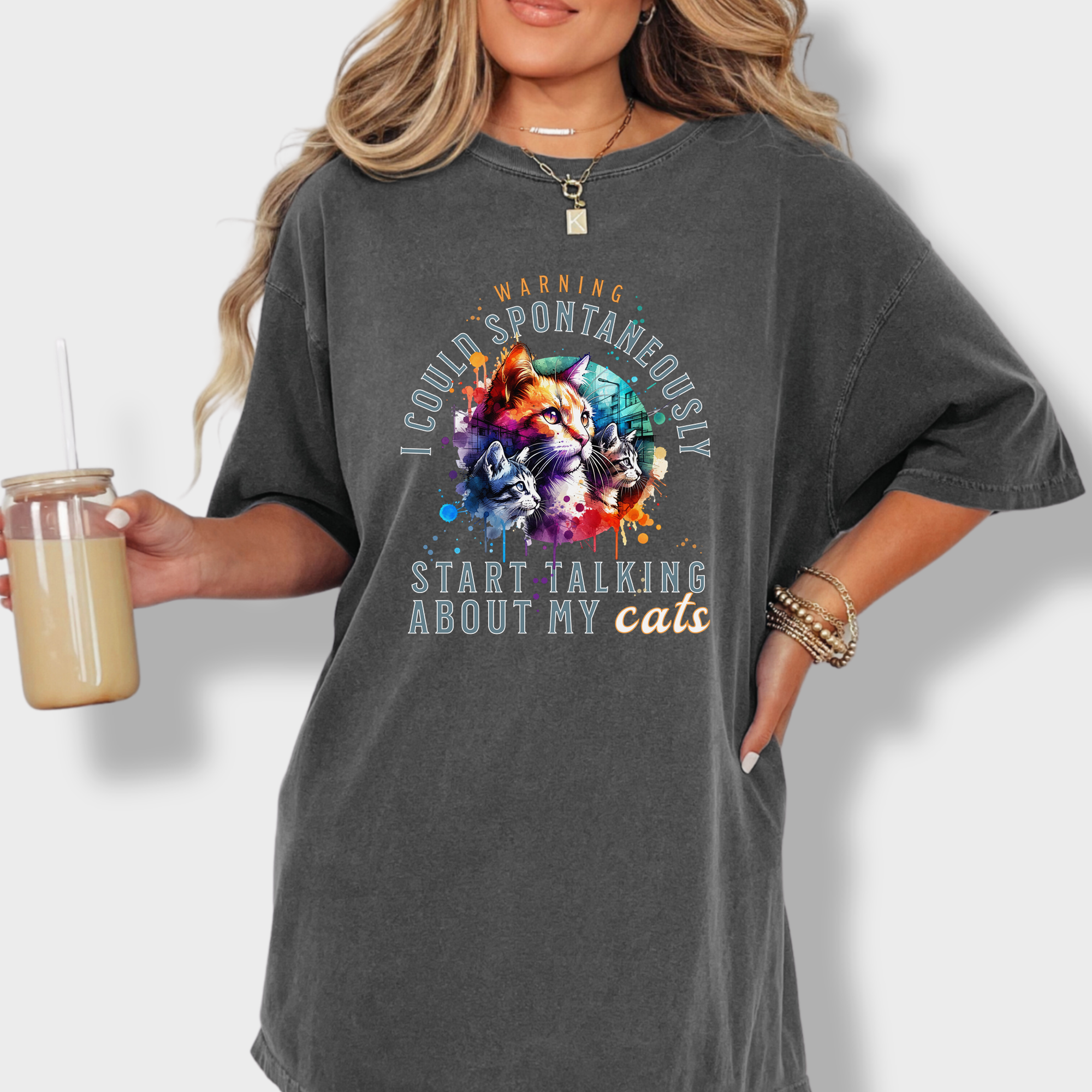 Unique retro-style cat T-shirt for feline enthusiasts, featuring a bold warning about inevitable cat discussions.