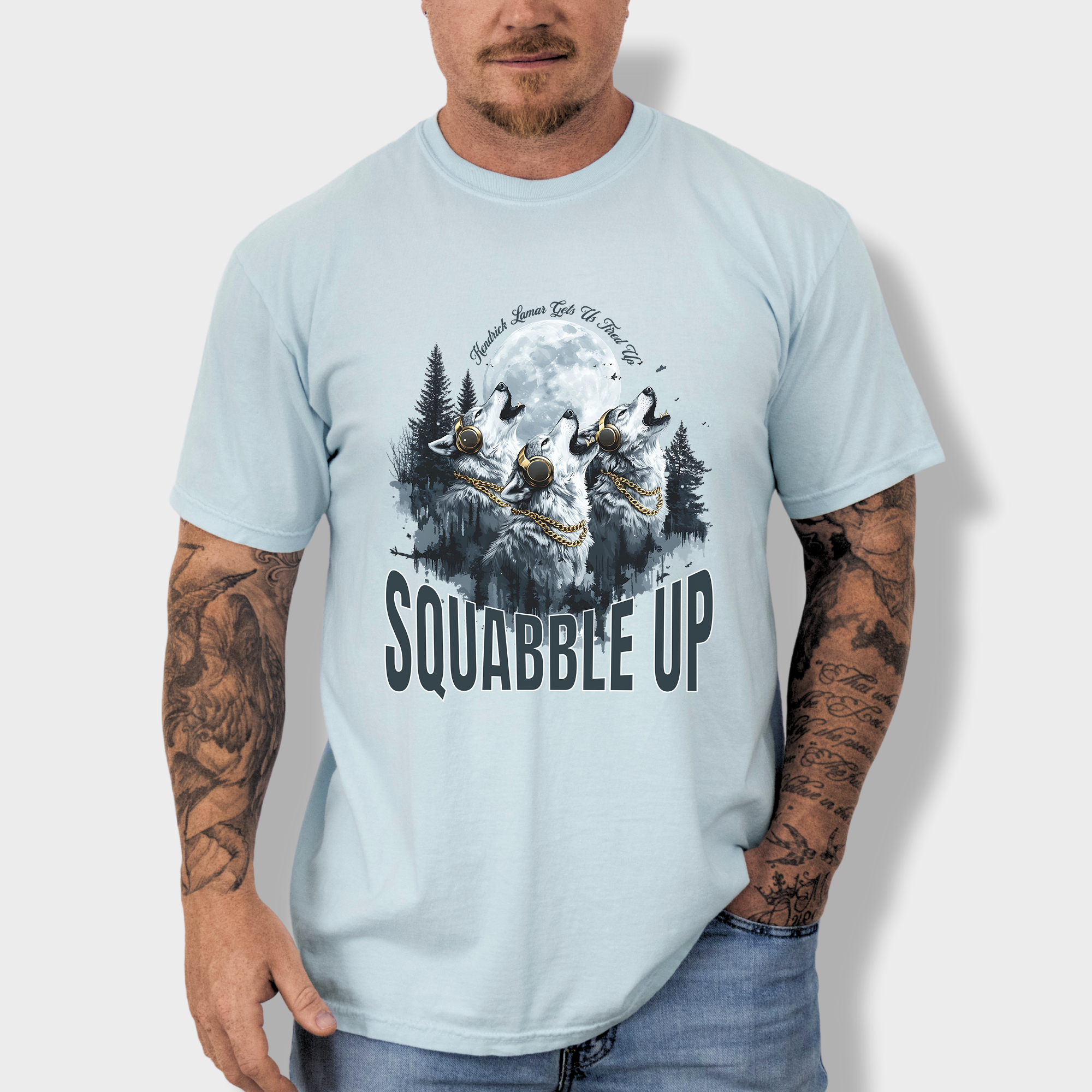 Graphic wolf pack T-shirt featuring wolves howling at the moon with headphones, inspired by Kendrick Lamar's 'Squabble Up'.
