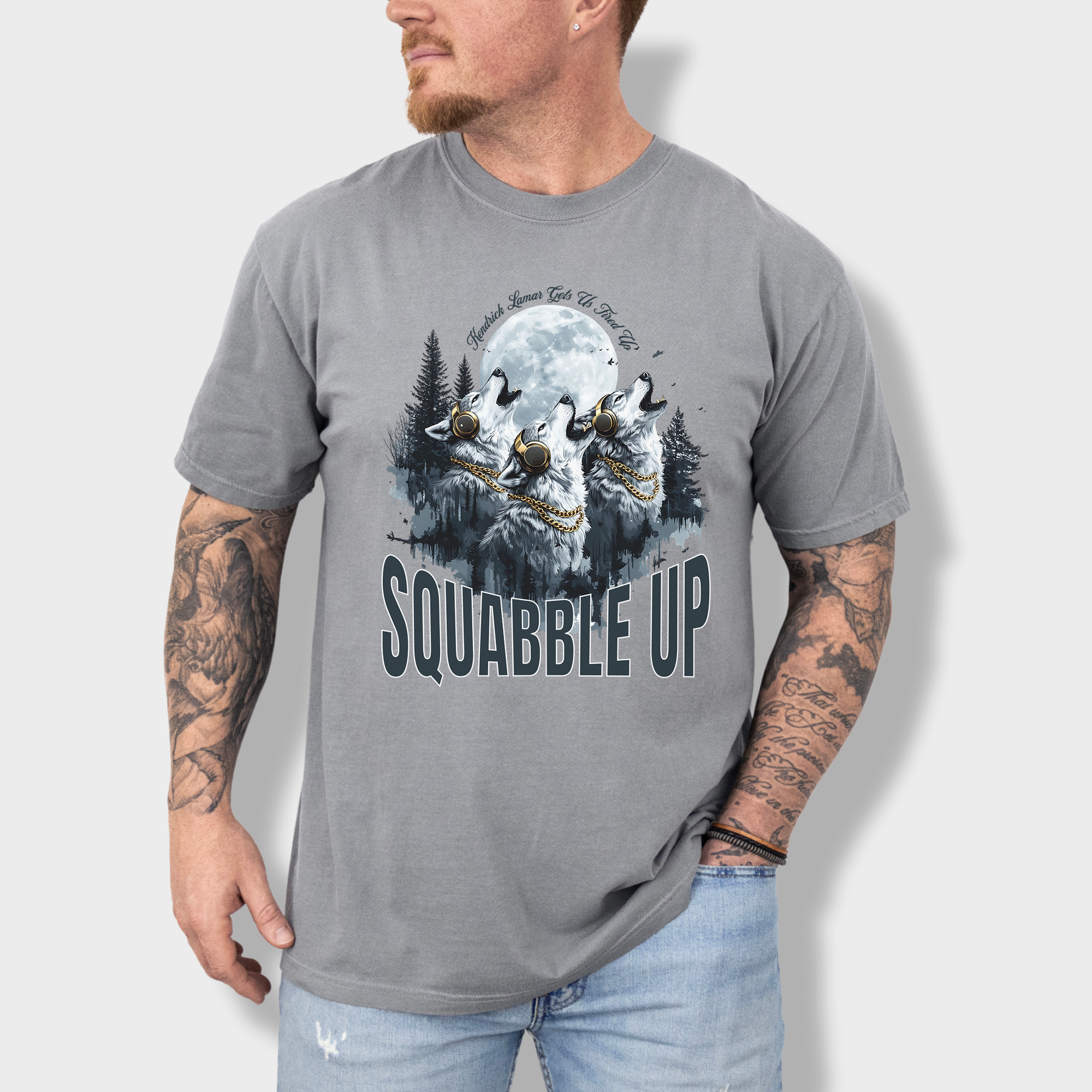 Unique artistic wolf T-shirt with a moonlit scene, headphones on the wolves, and a Kendrick Lamar-inspired music reference.