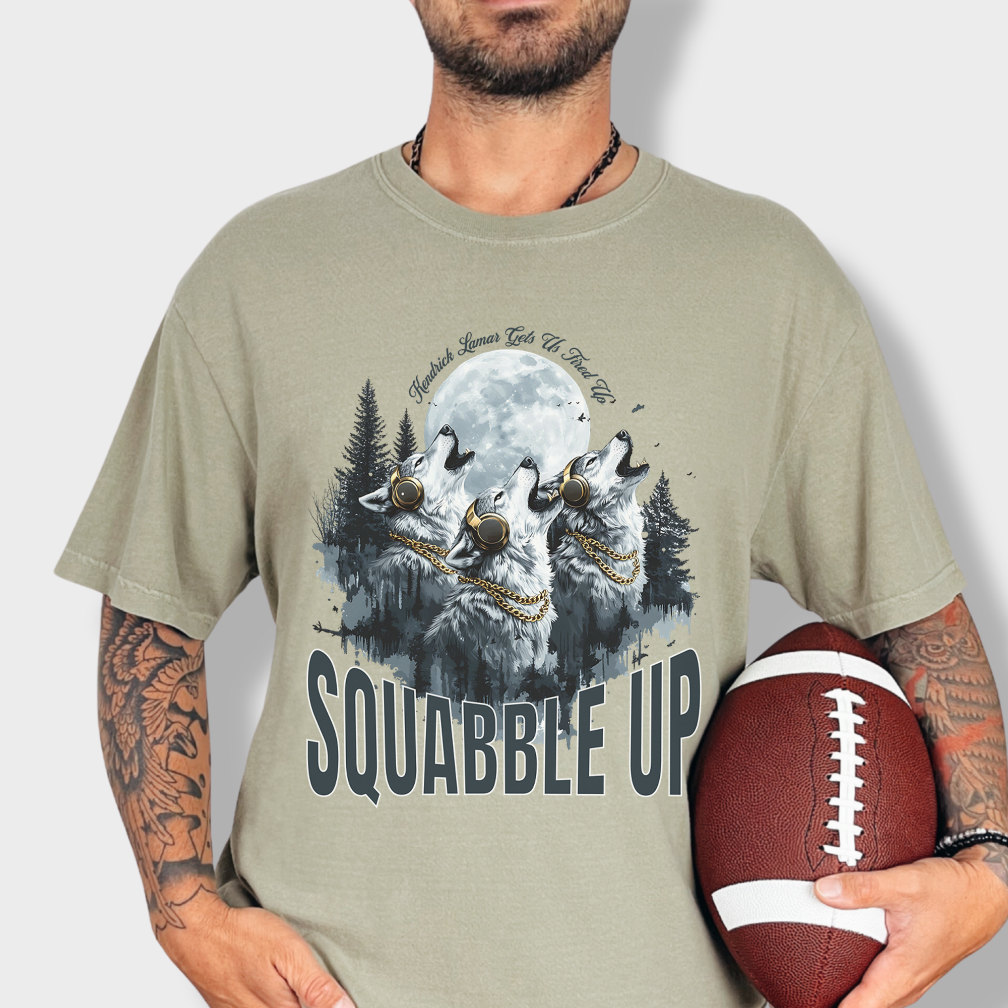 Unique artistic wolf T-shirt with a moonlit scene, headphones on the wolves, and a Kendrick Lamar-inspired music reference.