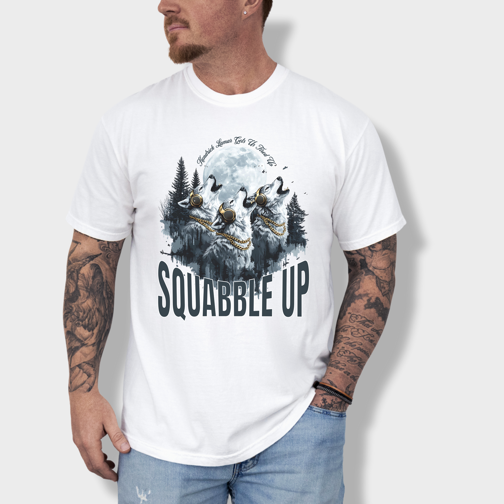 Graphic wolf pack T-shirt featuring wolves howling at the moon with headphones, inspired by Kendrick Lamar's 'Squabble Up'.